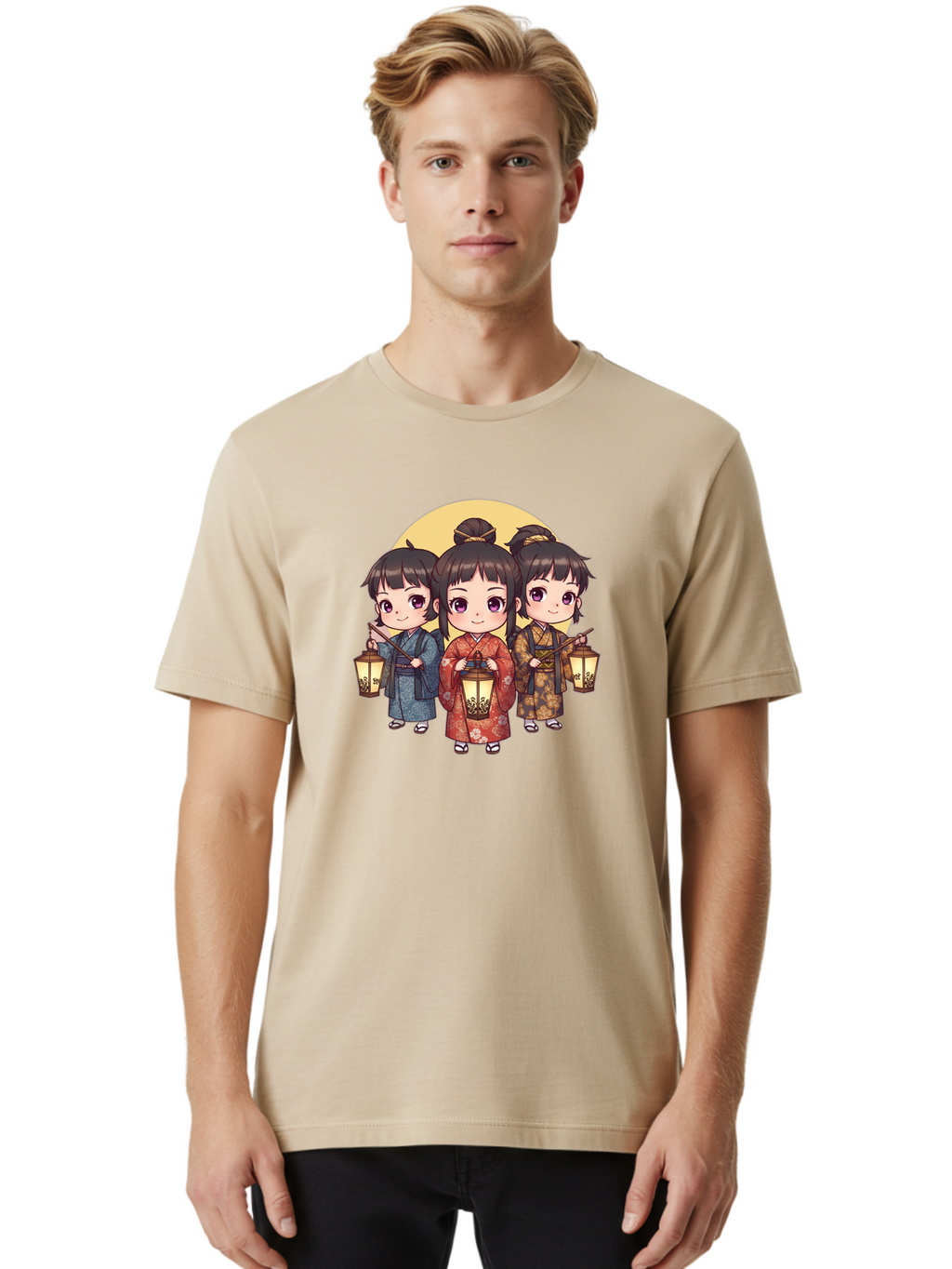 Three-Girls-In-Kimonos Men'S Graphic Tee, 100% Cotton, Comfortable Casual Summer Wear, Machine Washable, Children In Traditional Clothing, Holding Lanterns, Japanese Culture, Kimonos, Full Moon, Cartoon Illustration, Cute Kids, Bad837