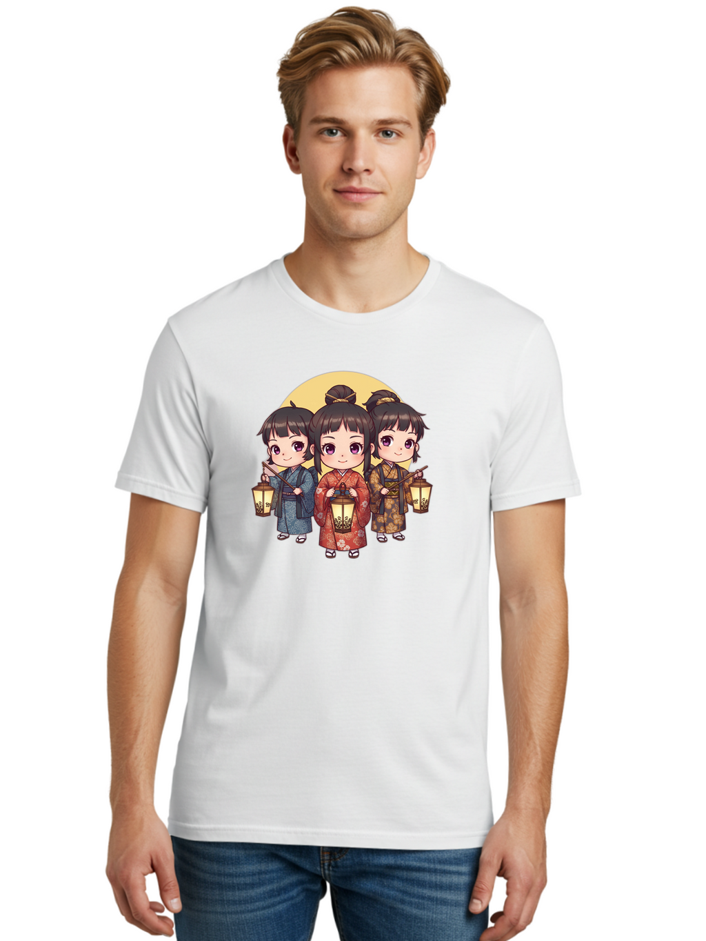Three-Girls-In-Kimonos Men'S Graphic Tee, 100% Cotton, Comfortable Casual Summer Wear, Machine Washable, Children In Traditional Clothing, Holding Lanterns, Japanese Culture, Kimonos, Full Moon, Cartoon Illustration, Cute Kids, Bad837