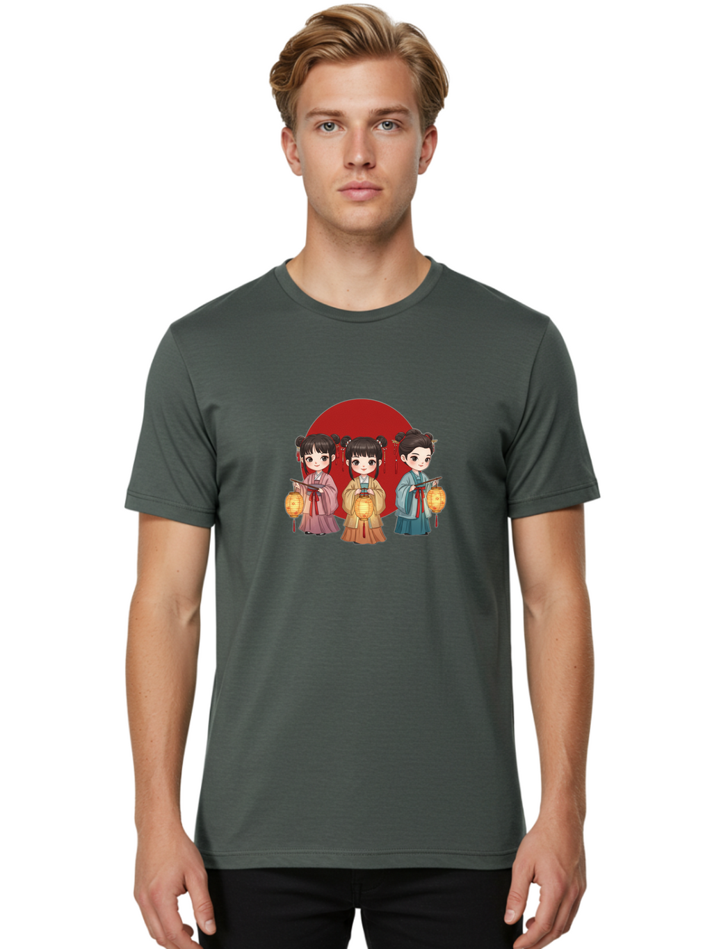 Three-Girls-With-Lanterns Men'S Graphic Tee, 100% Cotton, Comfortable Casual Summer Wear, Machine Washable, Traditional Chinese Clothing, Young Girls, Lanterns, Festive Atmosphere, Cultural Heritage, Red Circle, Chinese New Year, Celebration, Bad838