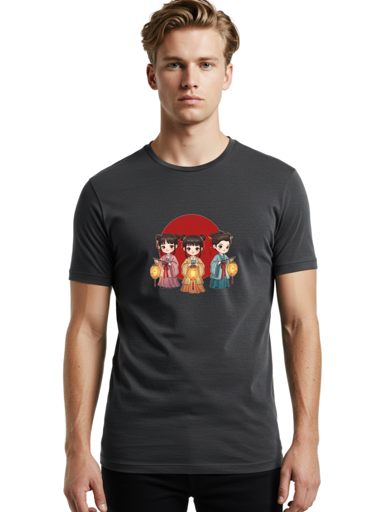 Three-Girls-With-Lanterns Men'S Graphic Tee, 100% Cotton, Comfortable Casual Summer Wear, Machine Washable, Traditional Chinese Clothing, Young Girls, Lanterns, Festive Atmosphere, Cultural Heritage, Red Circle, Chinese New Year, Celebration, Bad838