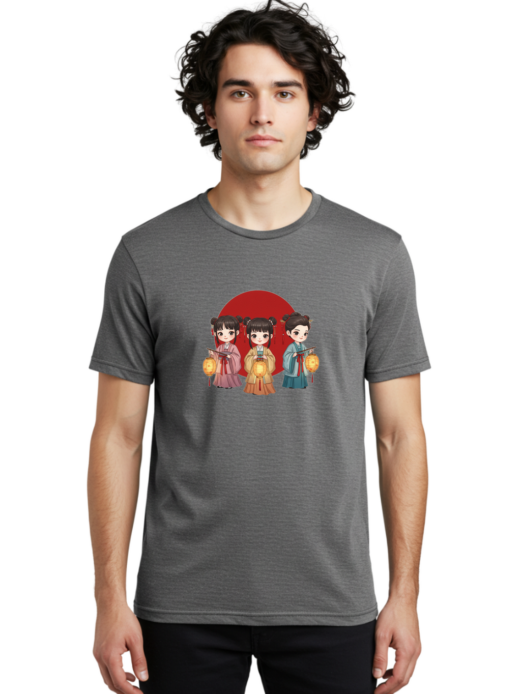 Three-Girls-With-Lanterns Men'S Graphic Tee, 100% Cotton, Comfortable Casual Summer Wear, Machine Washable, Traditional Chinese Clothing, Young Girls, Lanterns, Festive Atmosphere, Cultural Heritage, Red Circle, Chinese New Year, Celebration, Bad838