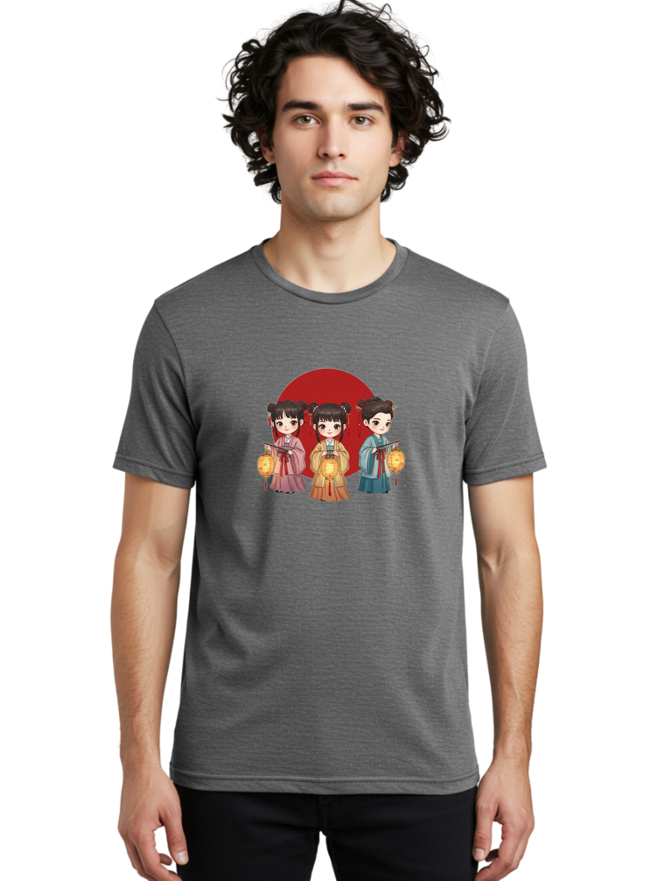 Three-Girls-With-Lanterns Men'S Graphic Tee, 100% Cotton, Comfortable Casual Summer Wear, Machine Washable, Traditional Chinese Clothing, Young Girls, Lanterns, Festive Atmosphere, Cultural Heritage, Red Circle, Chinese New Year, Celebration, Bad838
