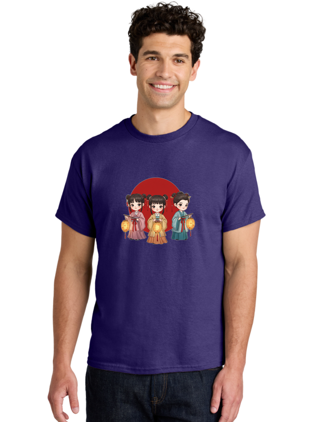 Three-Girls-With-Lanterns Men'S Graphic Tee, 100% Cotton, Comfortable Casual Summer Wear, Machine Washable, Traditional Chinese Clothing, Young Girls, Lanterns, Festive Atmosphere, Cultural Heritage, Red Circle, Chinese New Year, Celebration, Bad838