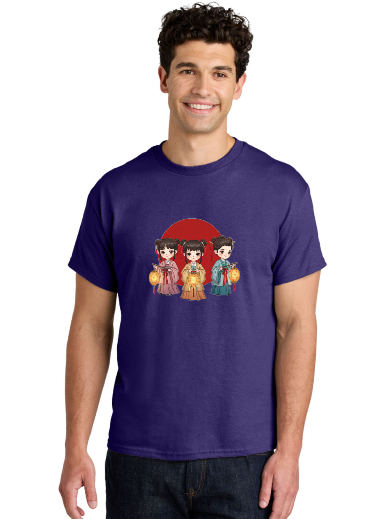 Three-Girls-With-Lanterns Men'S Graphic Tee, 100% Cotton, Comfortable Casual Summer Wear, Machine Washable, Traditional Chinese Clothing, Young Girls, Lanterns, Festive Atmosphere, Cultural Heritage, Red Circle, Chinese New Year, Celebration, Bad838