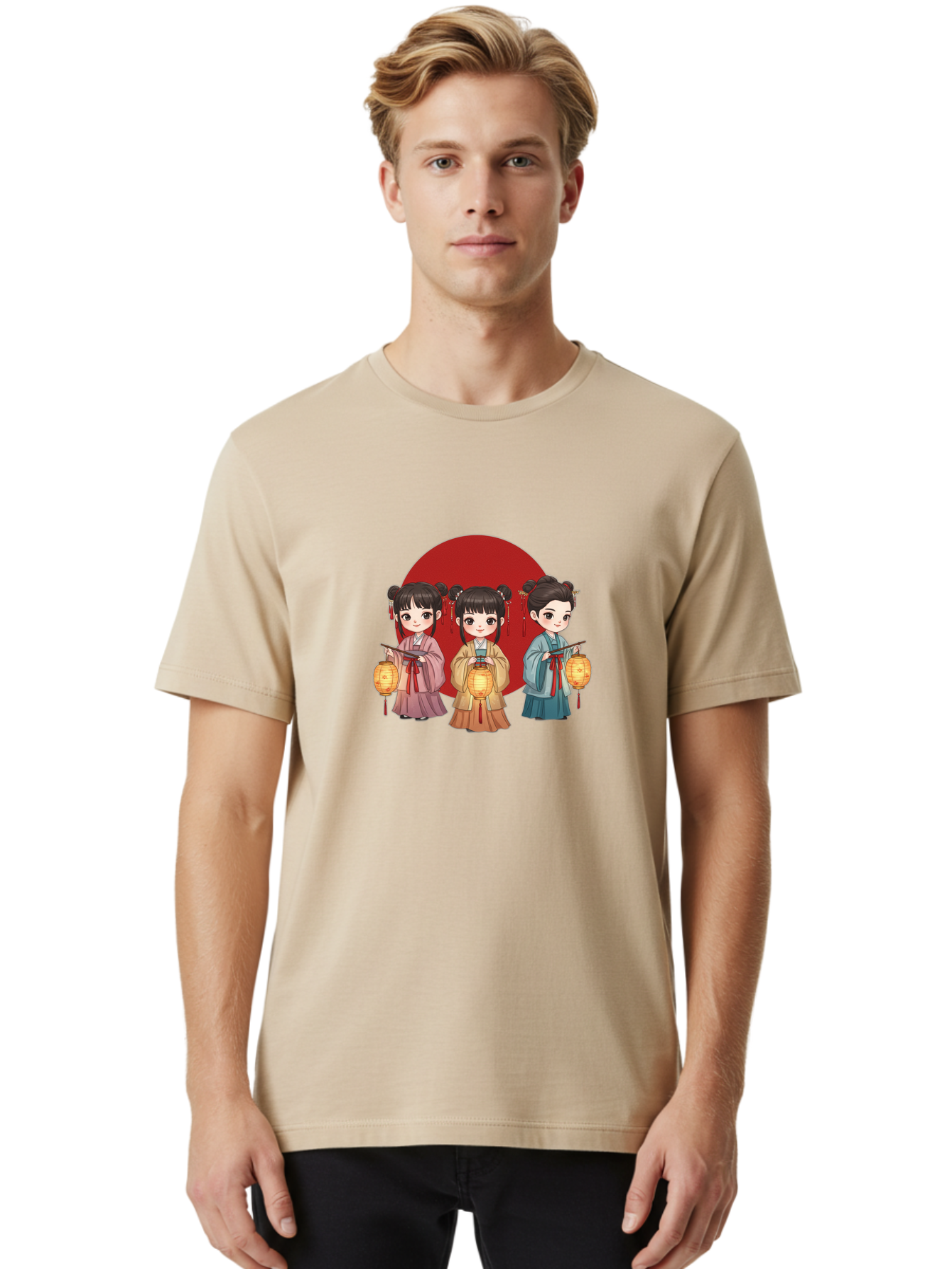 Three-Girls-With-Lanterns Men'S Graphic Tee, 100% Cotton, Comfortable Casual Summer Wear, Machine Washable, Traditional Chinese Clothing, Young Girls, Lanterns, Festive Atmosphere, Cultural Heritage, Red Circle, Chinese New Year, Celebration, Bad838