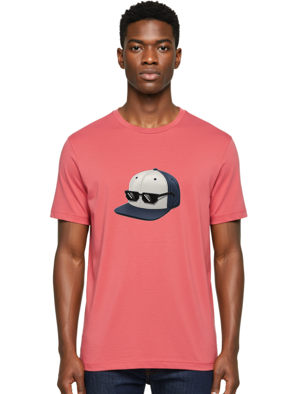 Thug-Life-Cap Men'S Graphic Tee, 100% Cotton, Comfortable Casual Summer Wear, Machine Washable, Baseball Cap, Thug Life, Pixelated Sunglasses, Trendy Fashion, Streetwear Style, Cool Accessories, Urban Clothing, Casual Wear, Modern Design, Bad839