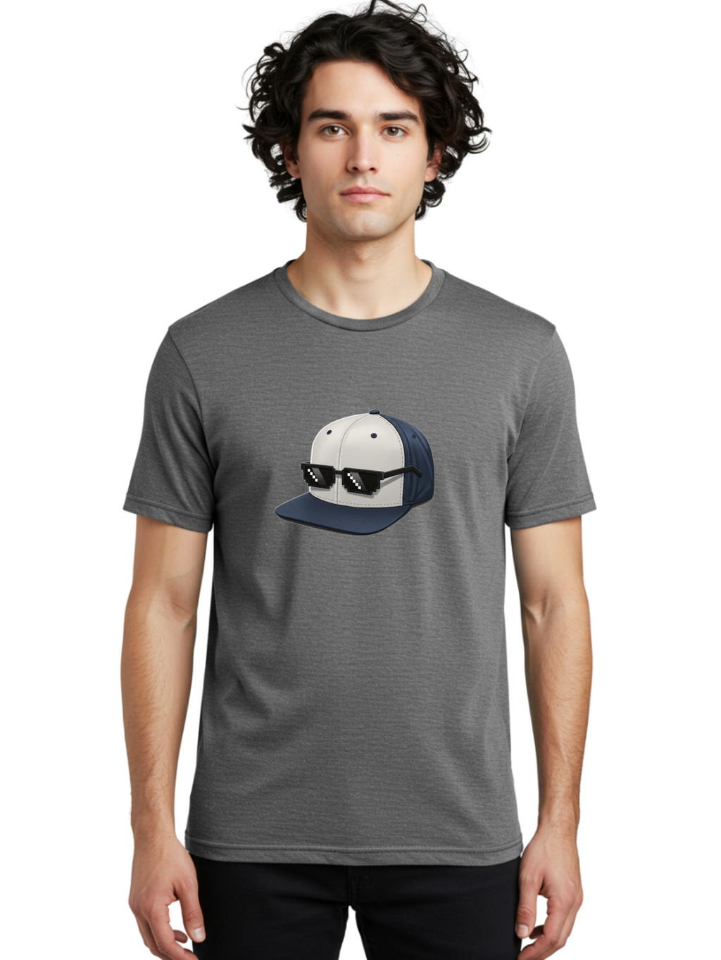 Thug-Life-Cap Men'S Graphic Tee, 100% Cotton, Comfortable Casual Summer Wear, Machine Washable, Baseball Cap, Thug Life, Pixelated Sunglasses, Trendy Fashion, Streetwear Style, Cool Accessories, Urban Clothing, Casual Wear, Modern Design, Bad839