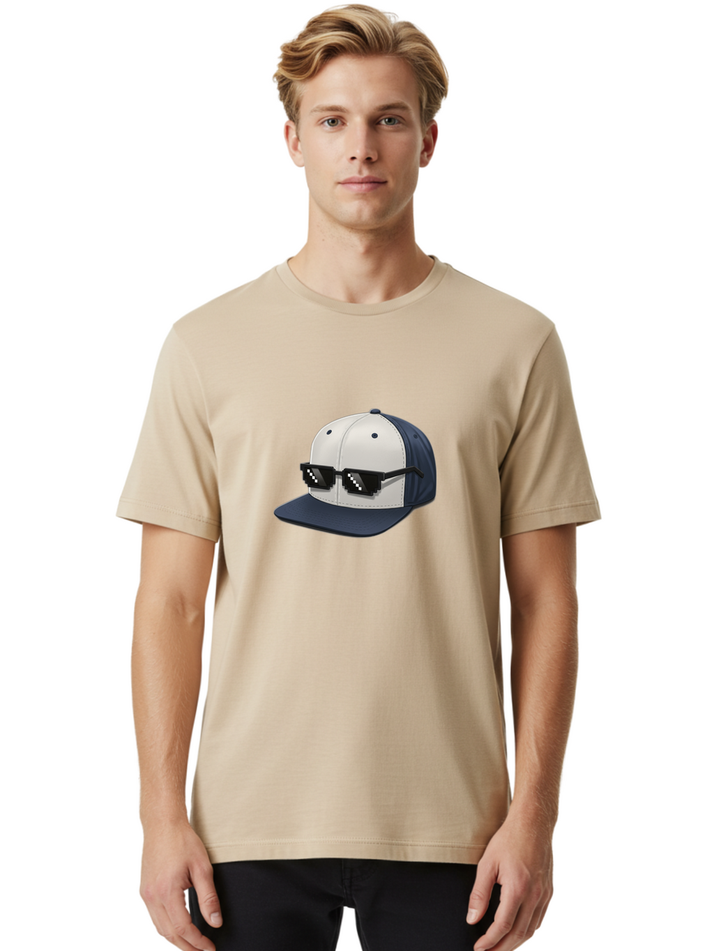 Thug-Life-Cap Men'S Graphic Tee, 100% Cotton, Comfortable Casual Summer Wear, Machine Washable, Baseball Cap, Thug Life, Pixelated Sunglasses, Trendy Fashion, Streetwear Style, Cool Accessories, Urban Clothing, Casual Wear, Modern Design, Bad839