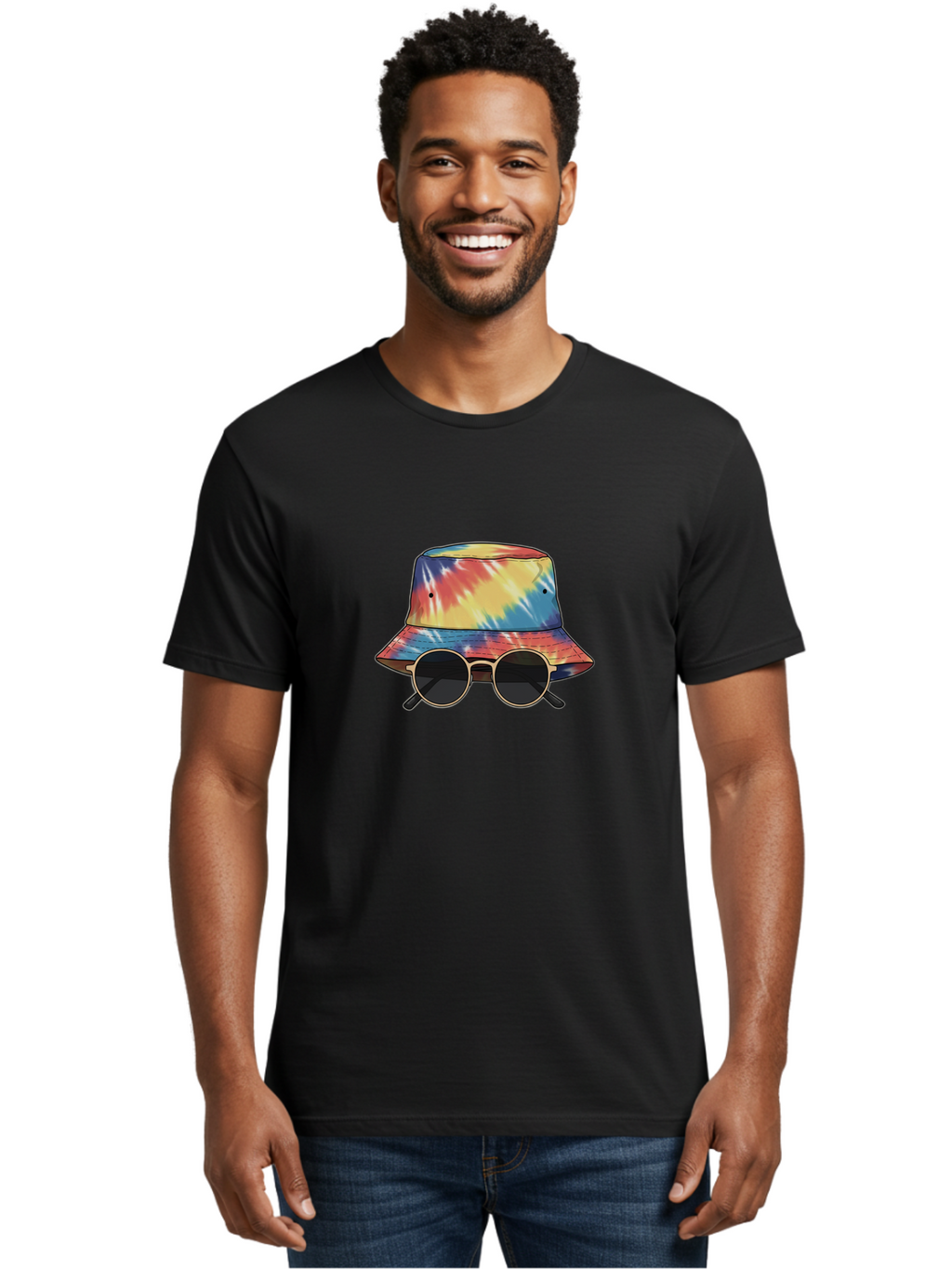 Tie-Dye-Bucket-Hat-And-Sunglasses Men'S Graphic Tee, 100% Cotton, Comfortable Casual Summer Wear, Machine Washable, Tie Dye Bucket Hat, Sunglasses, Round Shades, Colorful Accessories, Fashion Statement, Hippie Chic, Trendy Wear, Hipster Style, Bad840