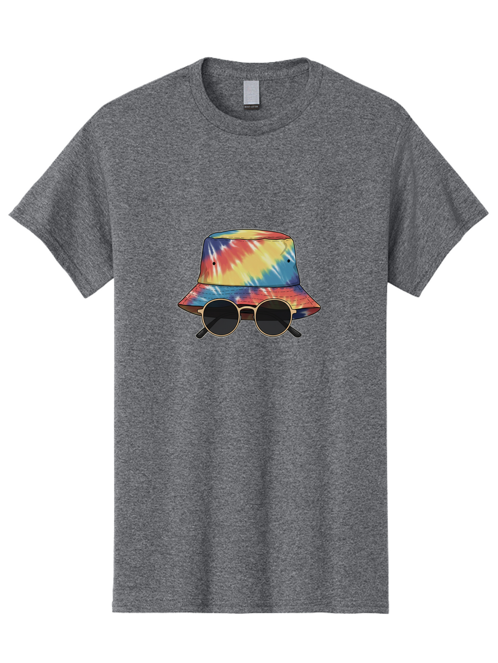 Tie-Dye-Bucket-Hat-And-Sunglasses Men'S Graphic Tee, 100% Cotton, Comfortable Casual Summer Wear, Machine Washable, Tie Dye Bucket Hat, Sunglasses, Round Shades, Colorful Accessories, Fashion Statement, Hippie Chic, Trendy Wear, Hipster Style, Bad840