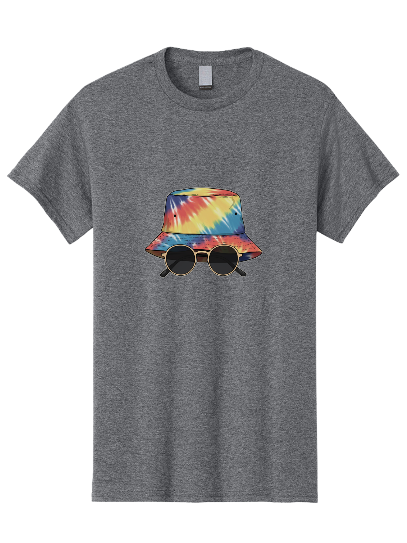 Tie-Dye-Bucket-Hat-And-Sunglasses Men'S Graphic Tee, 100% Cotton, Comfortable Casual Summer Wear, Machine Washable, Tie Dye Bucket Hat, Sunglasses, Round Shades, Colorful Accessories, Fashion Statement, Hippie Chic, Trendy Wear, Hipster Style, Bad840