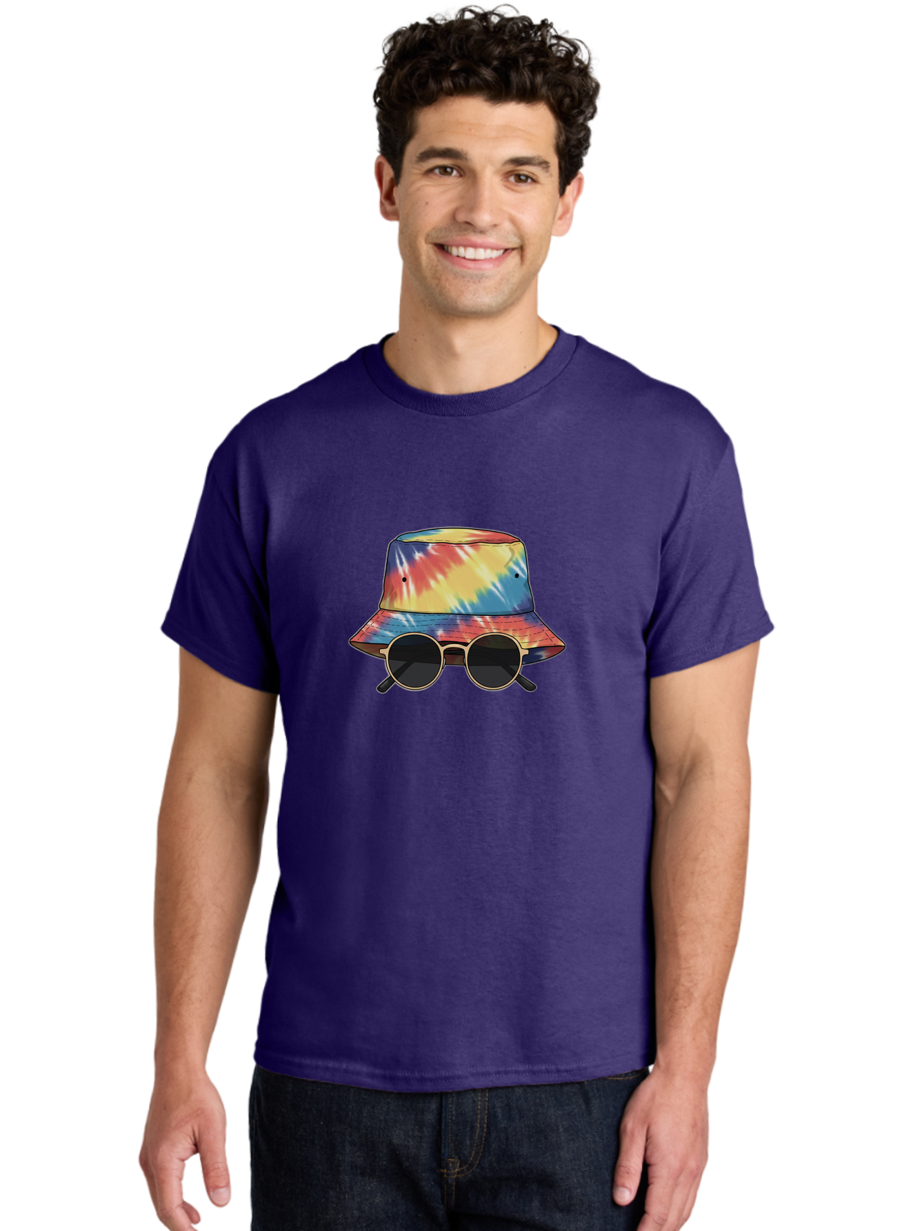 Tie-Dye-Bucket-Hat-And-Sunglasses Men'S Graphic Tee, 100% Cotton, Comfortable Casual Summer Wear, Machine Washable, Tie Dye Bucket Hat, Sunglasses, Round Shades, Colorful Accessories, Fashion Statement, Hippie Chic, Trendy Wear, Hipster Style, Bad840