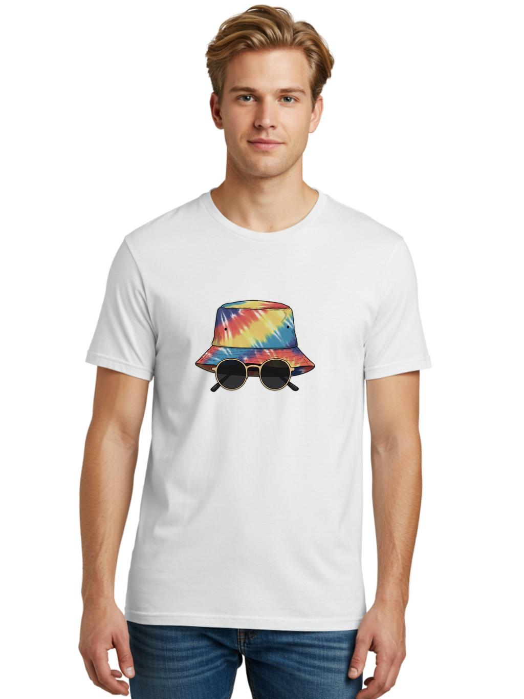 Tie-Dye-Bucket-Hat-And-Sunglasses Men'S Graphic Tee, 100% Cotton, Comfortable Casual Summer Wear, Machine Washable, Tie Dye Bucket Hat, Sunglasses, Round Shades, Colorful Accessories, Fashion Statement, Hippie Chic, Trendy Wear, Hipster Style, Bad840