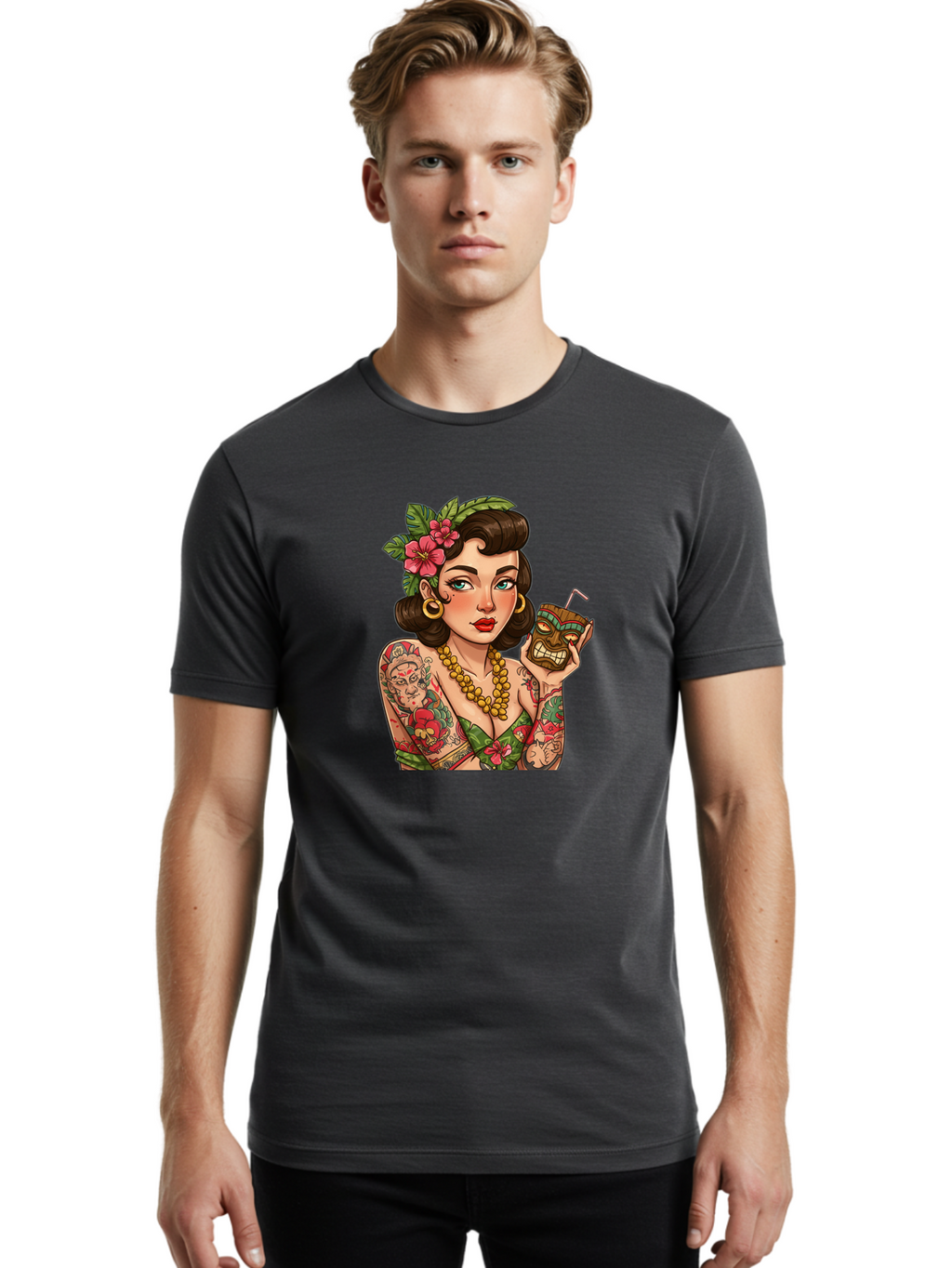 Tiki-Girl Men'S Graphic Tee, 100% Cotton, Comfortable Casual Summer Wear, Machine Washable, Tattooed Pin-Up Girl, Vintage Style, Tropical Drink, Floral Crown, Bold Jewelry, Colorful Tattoos, Retro Charm, Summer Vibes Bad842
