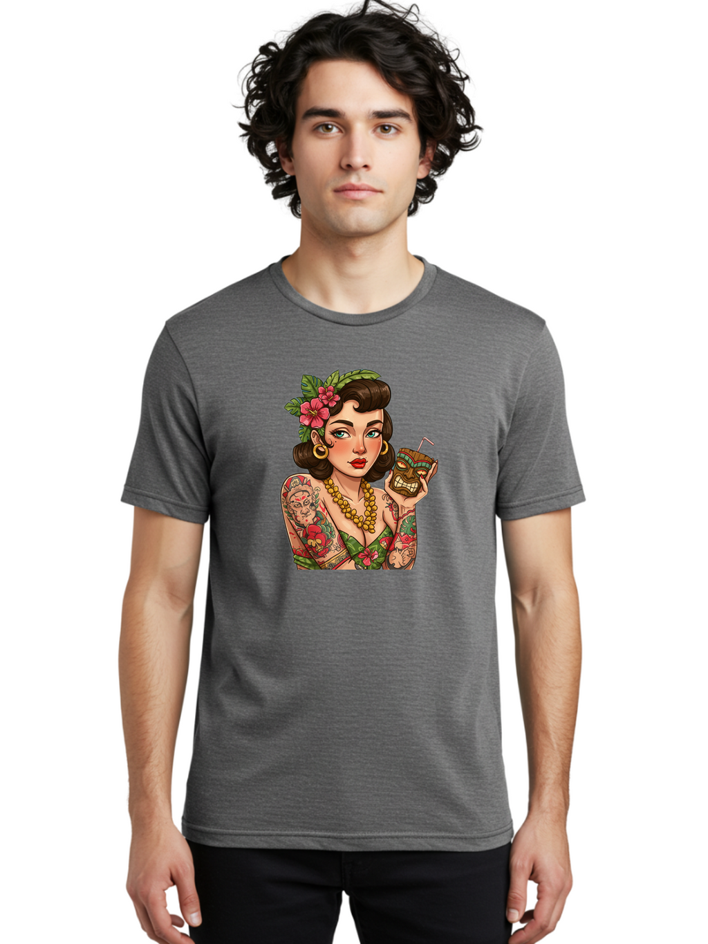 Tiki-Girl Men'S Graphic Tee, 100% Cotton, Comfortable Casual Summer Wear, Machine Washable, Tattooed Pin-Up Girl, Vintage Style, Tropical Drink, Floral Crown, Bold Jewelry, Colorful Tattoos, Retro Charm, Summer Vibes Bad842