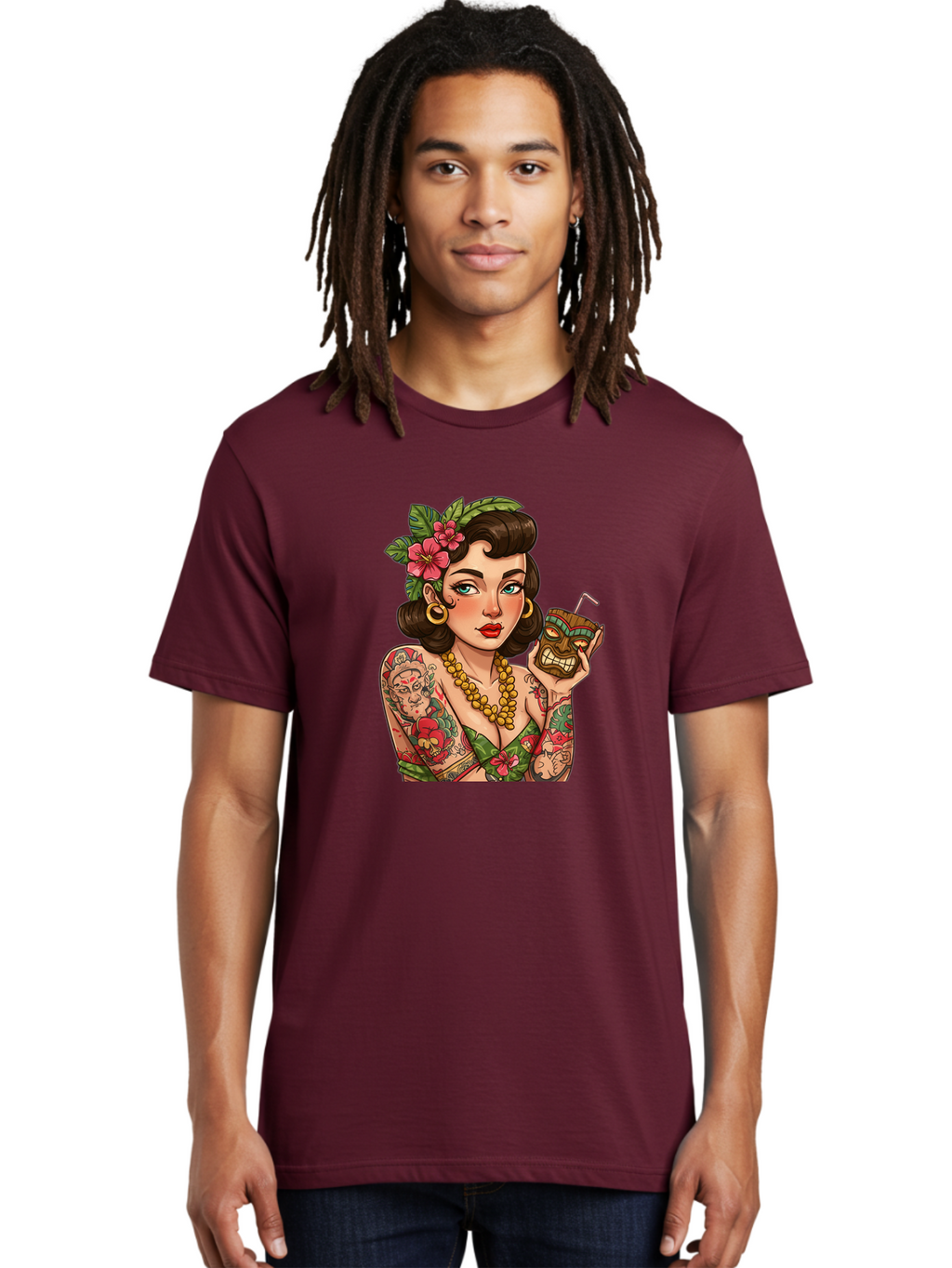 Tiki-Girl Men'S Graphic Tee, 100% Cotton, Comfortable Casual Summer Wear, Machine Washable, Tattooed Pin-Up Girl, Vintage Style, Tropical Drink, Floral Crown, Bold Jewelry, Colorful Tattoos, Retro Charm, Summer Vibes Bad842