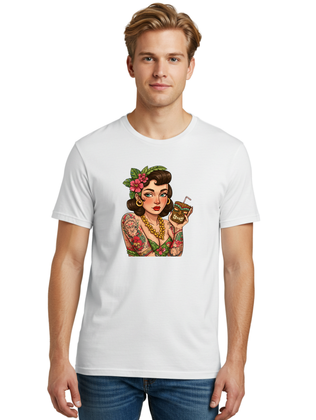 Tiki-Girl Men'S Graphic Tee, 100% Cotton, Comfortable Casual Summer Wear, Machine Washable, Tattooed Pin-Up Girl, Vintage Style, Tropical Drink, Floral Crown, Bold Jewelry, Colorful Tattoos, Retro Charm, Summer Vibes Bad842