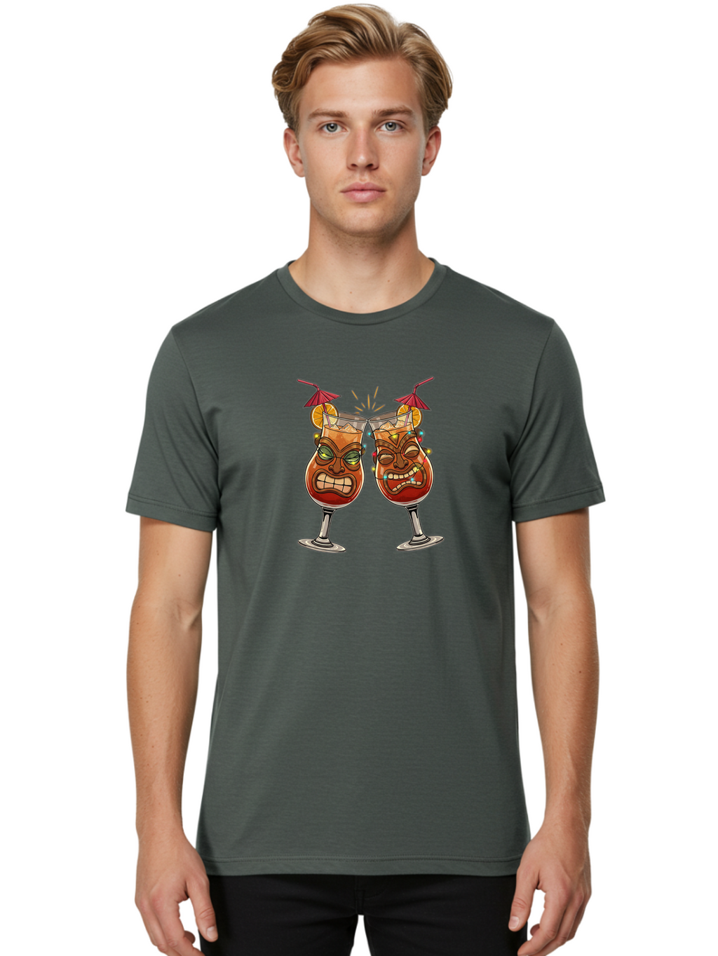 Tiki-Glasses Men'S Graphic Tee, 100% Cotton, Comfortable Casual Summer Wear, Machine Washable, Tiki Cocktails, Tropical Drinks, Cartoon Glasses, Festive Toast, Party Atmosphere, Refreshing Beverages, Summer Vibes, Cocktail Culture Bad843