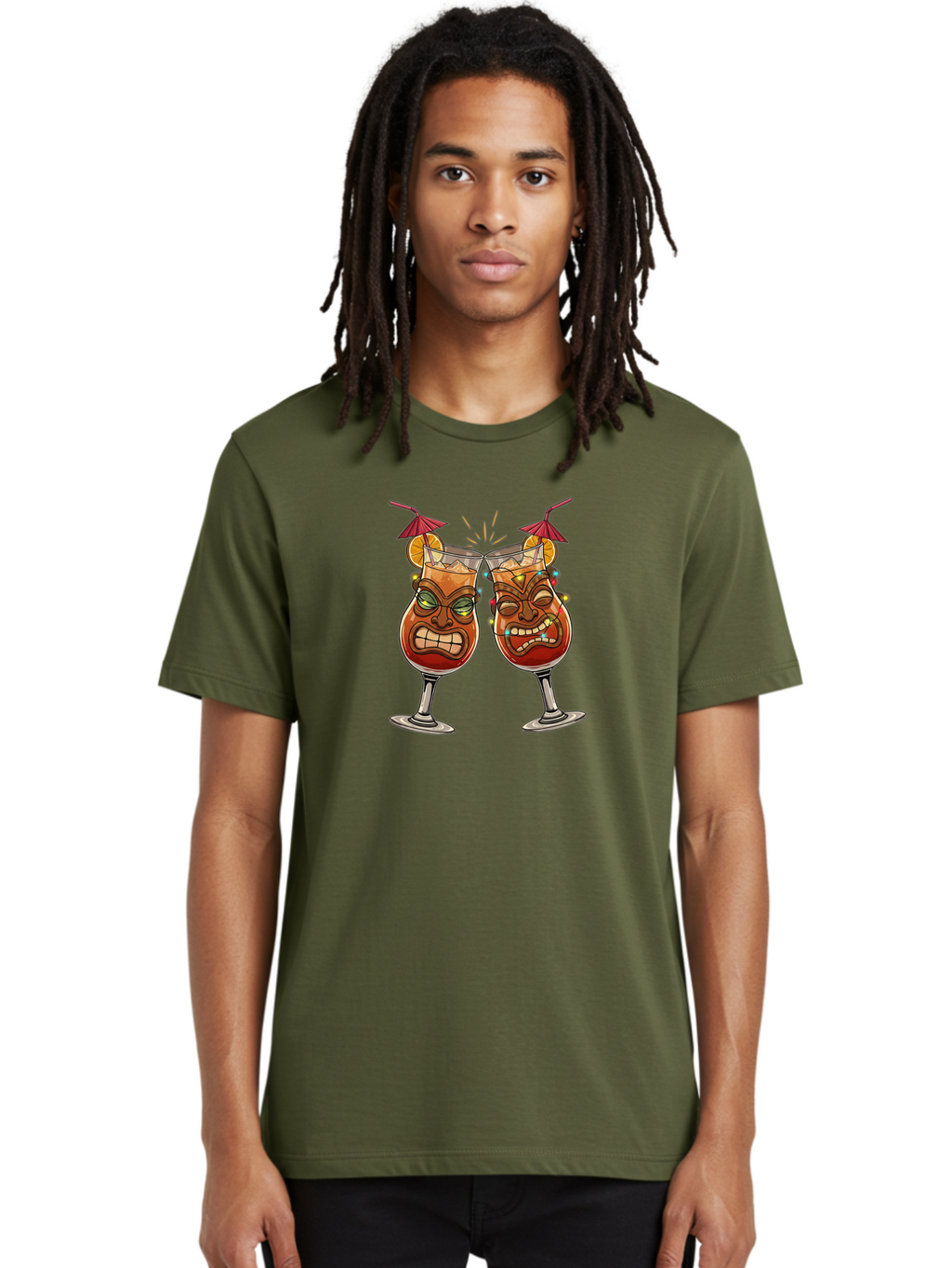 Tiki-Glasses Men'S Graphic Tee, 100% Cotton, Comfortable Casual Summer Wear, Machine Washable, Tiki Cocktails, Tropical Drinks, Cartoon Glasses, Festive Toast, Party Atmosphere, Refreshing Beverages, Summer Vibes, Cocktail Culture Bad843