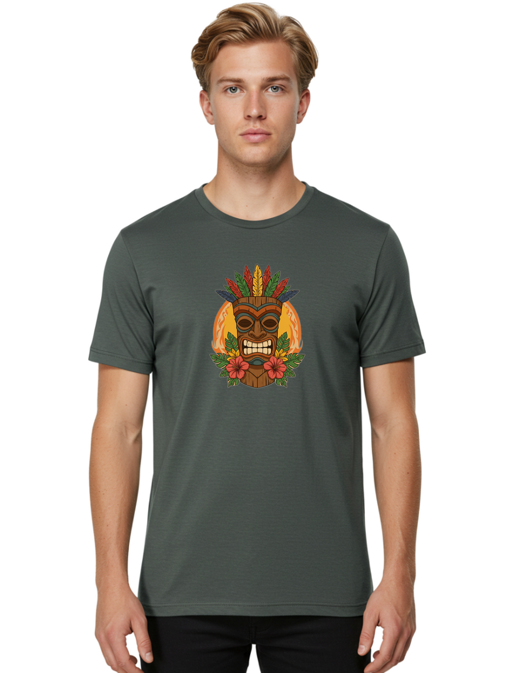 Tiki-Mask-With-Tropical-Flowers Men'S Graphic Tee, 100% Cotton, Comfortable Casual Summer Wear, Machine Washable, Tiki Mask, Tribal Art, Wooden Totem, Tropical Flowers, Hibiscus, Colorful Feathers, Polka Dot, Island Vibes, Bohemian Style Bad844