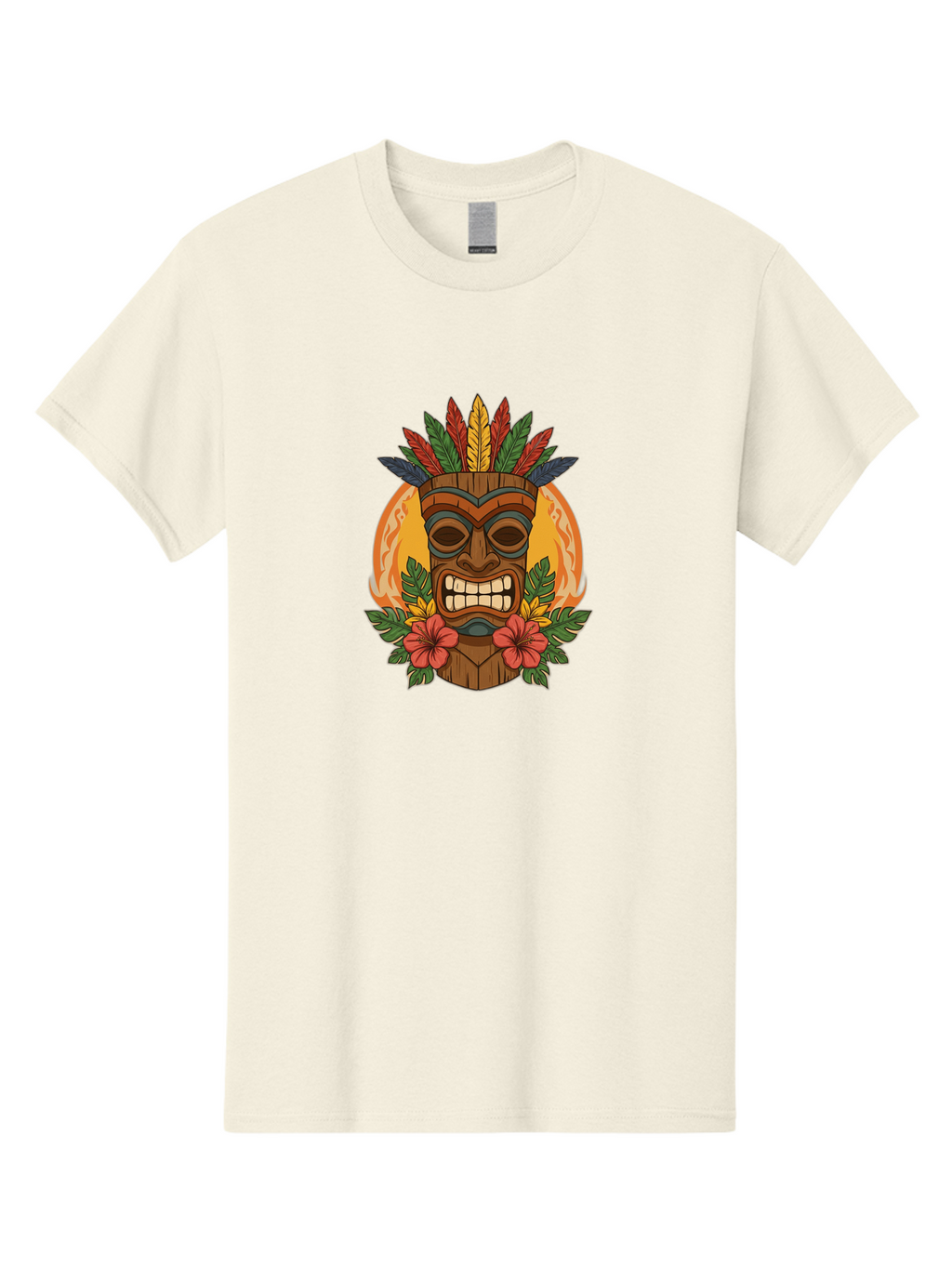 Tiki-Mask-With-Tropical-Flowers Men'S Graphic Tee, 100% Cotton, Comfortable Casual Summer Wear, Machine Washable, Tiki Mask, Tribal Art, Wooden Totem, Tropical Flowers, Hibiscus, Colorful Feathers, Polka Dot, Island Vibes, Bohemian Style Bad844
