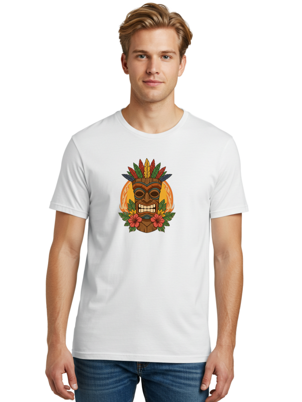 Tiki-Mask-With-Tropical-Flowers Men'S Graphic Tee, 100% Cotton, Comfortable Casual Summer Wear, Machine Washable, Tiki Mask, Tribal Art, Wooden Totem, Tropical Flowers, Hibiscus, Colorful Feathers, Polka Dot, Island Vibes, Bohemian Style Bad844