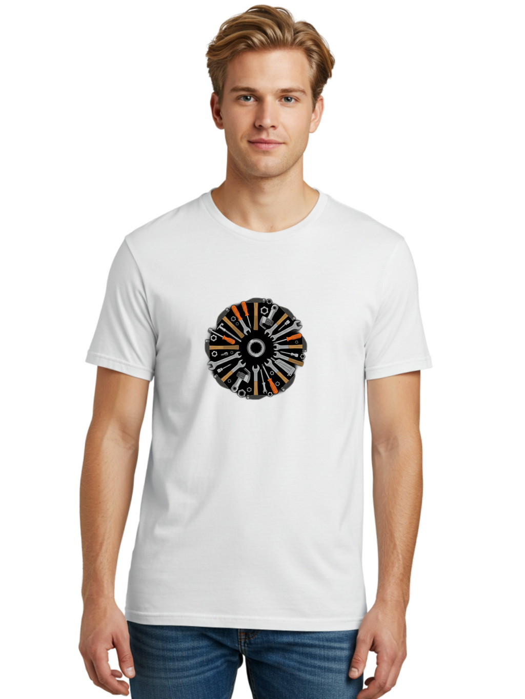 Tool-Wheel Men'S Graphic Tee, 100% Cotton, Comfortable Casual Summer Wear, Machine Washable, Wrenches, Screwdrivers, Pliers, Hand Tools, Diy, Toolbox, Hardware, Mechanics, Repair, Maintenance Bad846