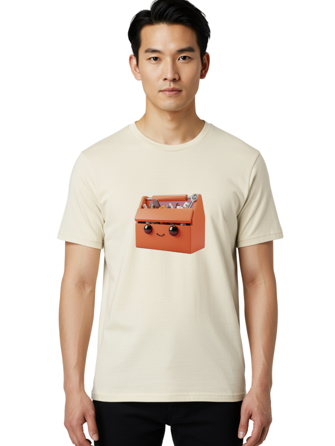 Toolbox-1 Men'S Graphic Tee, 100% Cotton, Comfortable Casual Summer Wear, Machine Washable, Orange Toolbox, Cartoonish Face, Smiling Eyes, Black Pupils, 3D Rendering, Creative Design, Funny, Quirky, Toolbox, Metal Wrenches, Various Tools Bad847