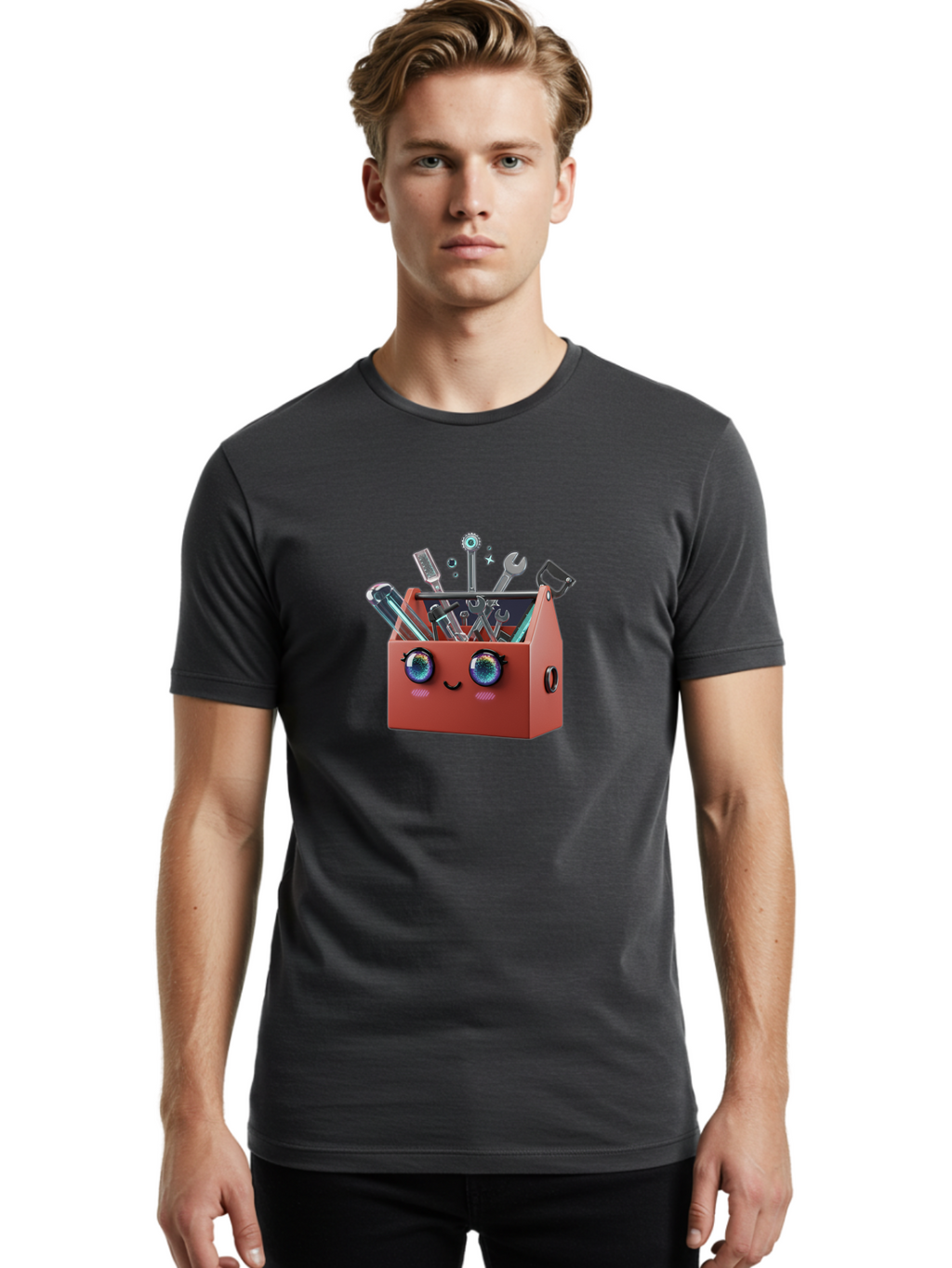 Toolbox-2 Men'S Graphic Tee, 100% Cotton, Comfortable Casual Summer Wear, Machine Washable, Tool Box With Face, Cartoon Tool Box, Toolbox With Tools, Wrenches And Screwdrivers, Diy, Handyman, Repair, Maintenance, Colorful Eyes Bad848