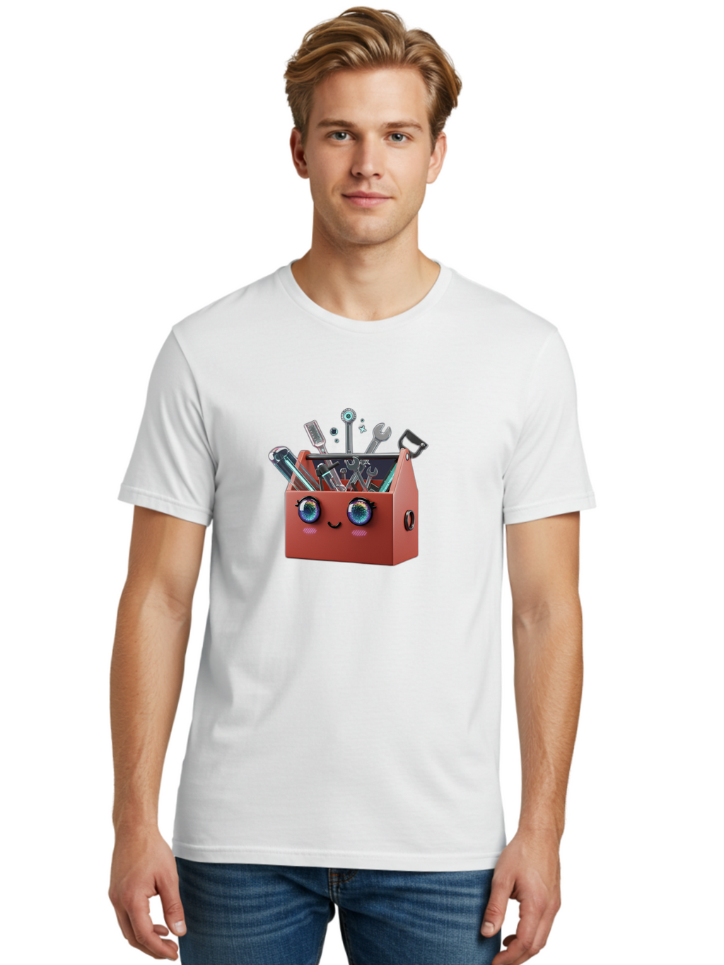 Toolbox-2 Men'S Graphic Tee, 100% Cotton, Comfortable Casual Summer Wear, Machine Washable, Tool Box With Face, Cartoon Tool Box, Toolbox With Tools, Wrenches And Screwdrivers, Diy, Handyman, Repair, Maintenance, Colorful Eyes Bad848