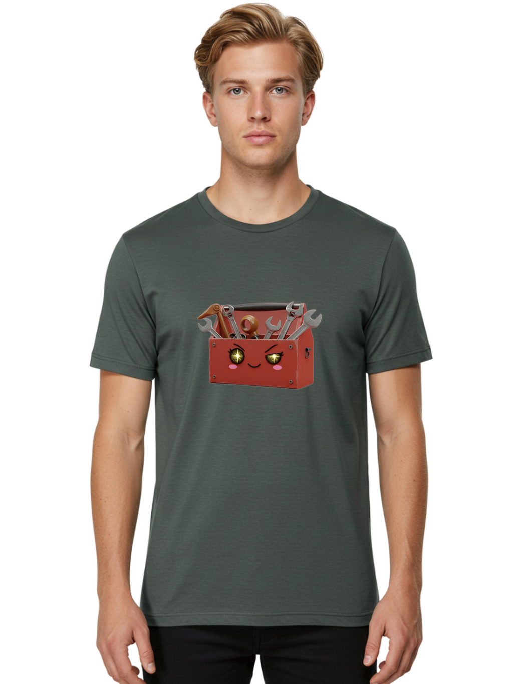 Toolbox-With-Wrenches-And-Pliers Men'S Graphic Tee, 100% Cotton, Comfortable Casual Summer Wear, Machine Washable, Cartoon Toolbox, Winking Face, Kawaii Style, Tools Inside, Wrenches, Spanner, Pliers, Repair Equipment, Diy, Mechanic, Handyman, Bad850