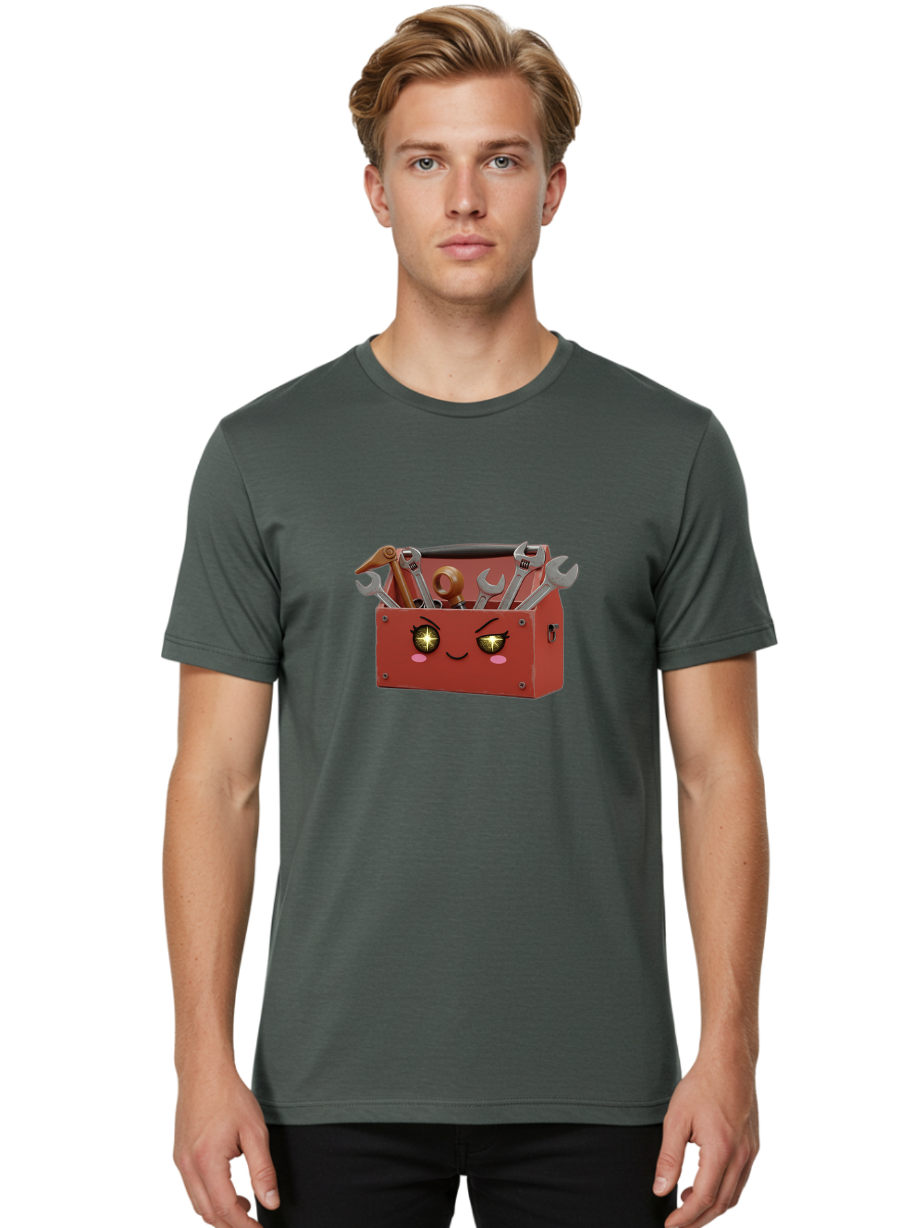 Toolbox-With-Wrenches-And-Pliers Men'S Graphic Tee, 100% Cotton, Comfortable Casual Summer Wear, Machine Washable, Cartoon Toolbox, Winking Face, Kawaii Style, Tools Inside, Wrenches, Spanner, Pliers, Repair Equipment, Diy, Mechanic, Handyman, Bad850