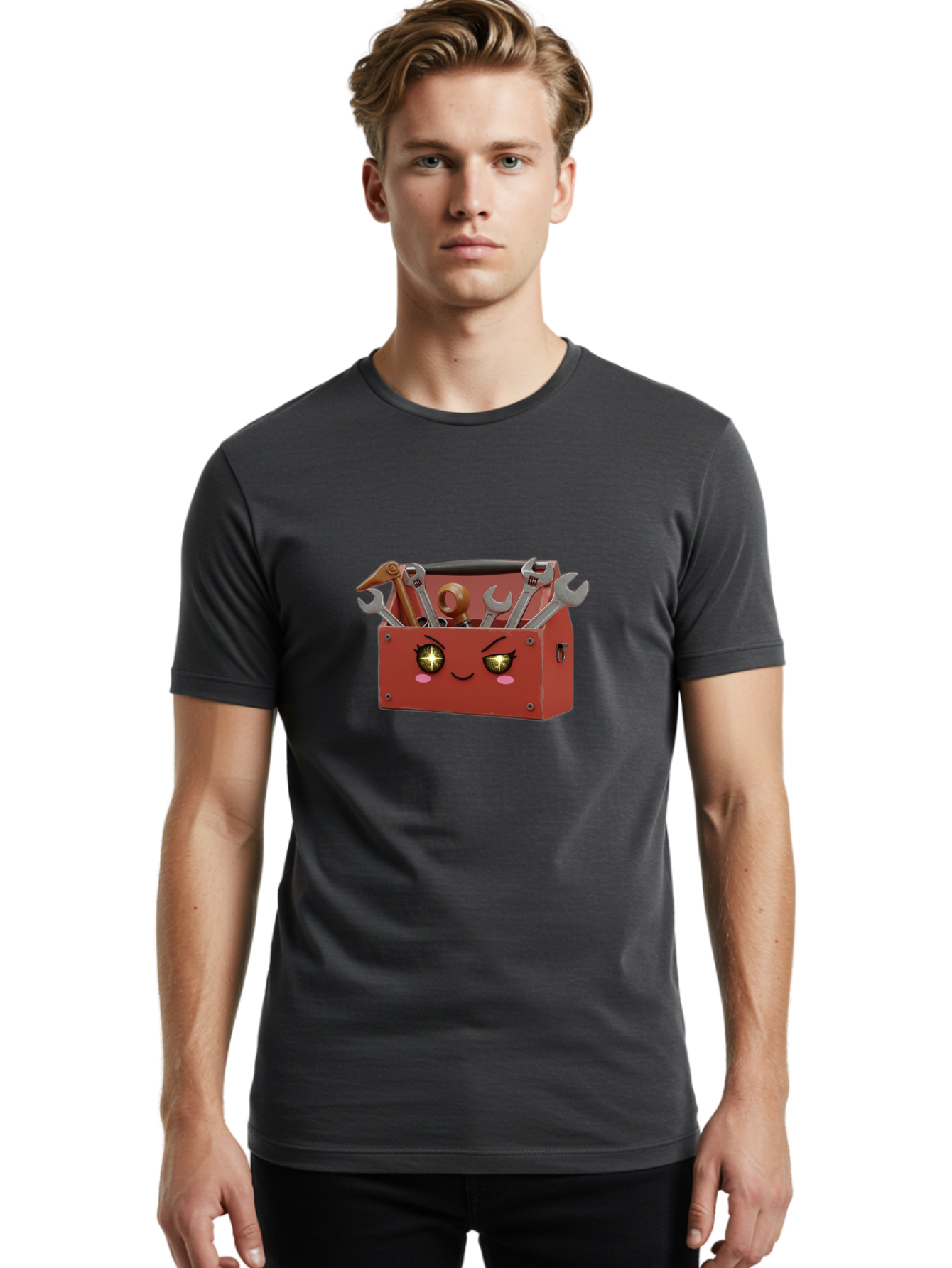 Toolbox-With-Wrenches-And-Pliers Men'S Graphic Tee, 100% Cotton, Comfortable Casual Summer Wear, Machine Washable, Cartoon Toolbox, Winking Face, Kawaii Style, Tools Inside, Wrenches, Spanner, Pliers, Repair Equipment, Diy, Mechanic, Handyman, Bad850