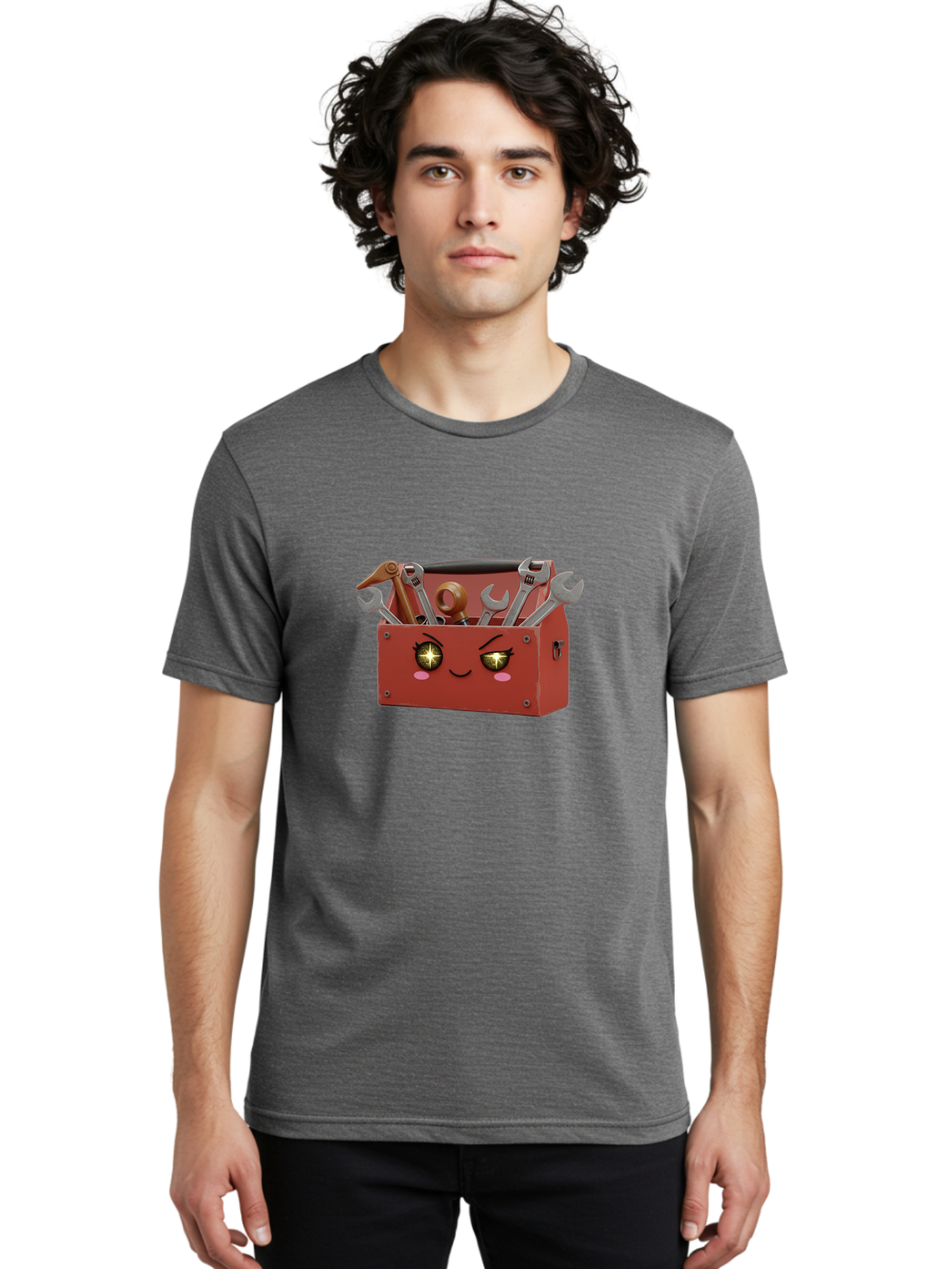 Toolbox-With-Wrenches-And-Pliers Men'S Graphic Tee, 100% Cotton, Comfortable Casual Summer Wear, Machine Washable, Cartoon Toolbox, Winking Face, Kawaii Style, Tools Inside, Wrenches, Spanner, Pliers, Repair Equipment, Diy, Mechanic, Handyman, Bad850