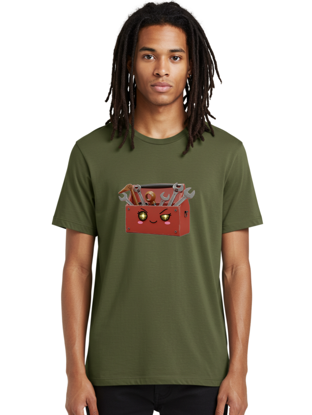 Toolbox-With-Wrenches-And-Pliers Men'S Graphic Tee, 100% Cotton, Comfortable Casual Summer Wear, Machine Washable, Cartoon Toolbox, Winking Face, Kawaii Style, Tools Inside, Wrenches, Spanner, Pliers, Repair Equipment, Diy, Mechanic, Handyman, Bad850