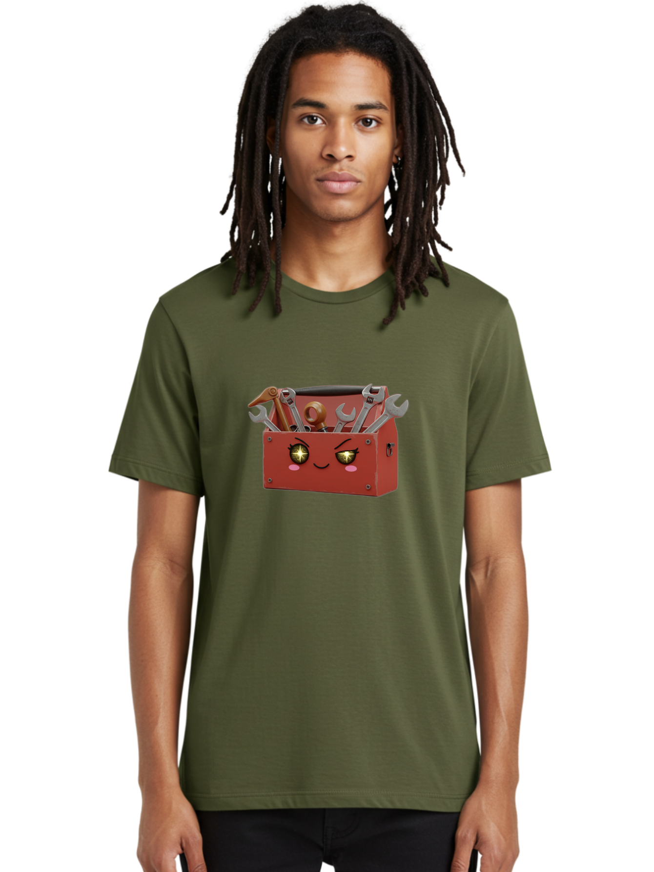 Toolbox-With-Wrenches-And-Pliers Men'S Graphic Tee, 100% Cotton, Comfortable Casual Summer Wear, Machine Washable, Cartoon Toolbox, Winking Face, Kawaii Style, Tools Inside, Wrenches, Spanner, Pliers, Repair Equipment, Diy, Mechanic, Handyman, Bad850