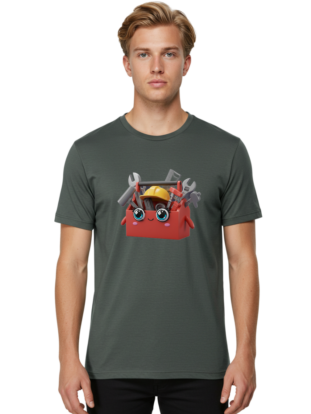 Toolbox Men'S Graphic Tee, 100% Cotton, Comfortable Casual Summer Wear, Machine Washable, Toolbox With Tools, Construction Equipment, Cartoon Character, 3D Illustration, Wrenches, Pliers, Hammer, Hard Hat, Diy Project, Handyman, Repair, Bad851