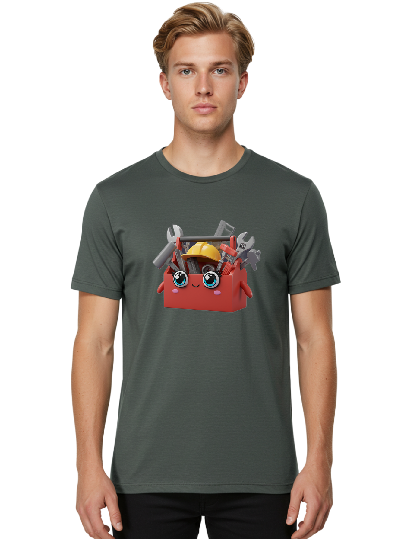 Toolbox Men'S Graphic Tee, 100% Cotton, Comfortable Casual Summer Wear, Machine Washable, Toolbox With Tools, Construction Equipment, Cartoon Character, 3D Illustration, Wrenches, Pliers, Hammer, Hard Hat, Diy Project, Handyman, Repair, Bad851