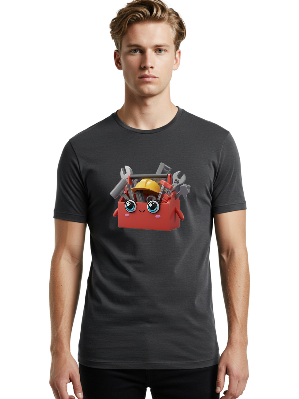 Toolbox Men'S Graphic Tee, 100% Cotton, Comfortable Casual Summer Wear, Machine Washable, Toolbox With Tools, Construction Equipment, Cartoon Character, 3D Illustration, Wrenches, Pliers, Hammer, Hard Hat, Diy Project, Handyman, Repair, Bad851