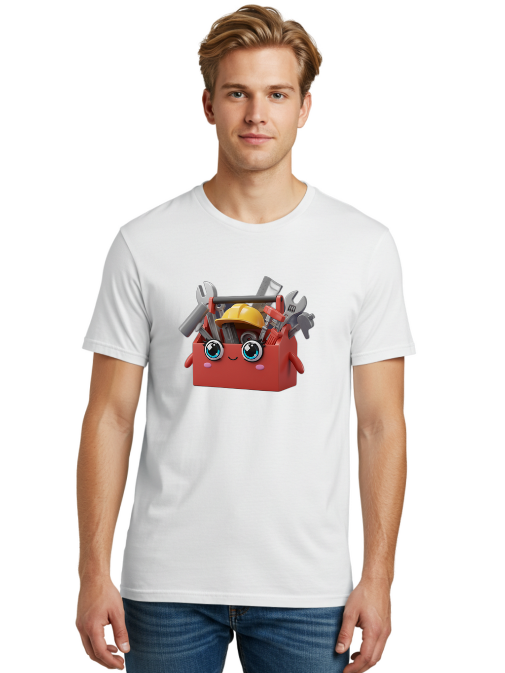 Toolbox Men'S Graphic Tee, 100% Cotton, Comfortable Casual Summer Wear, Machine Washable, Toolbox With Tools, Construction Equipment, Cartoon Character, 3D Illustration, Wrenches, Pliers, Hammer, Hard Hat, Diy Project, Handyman, Repair, Bad851
