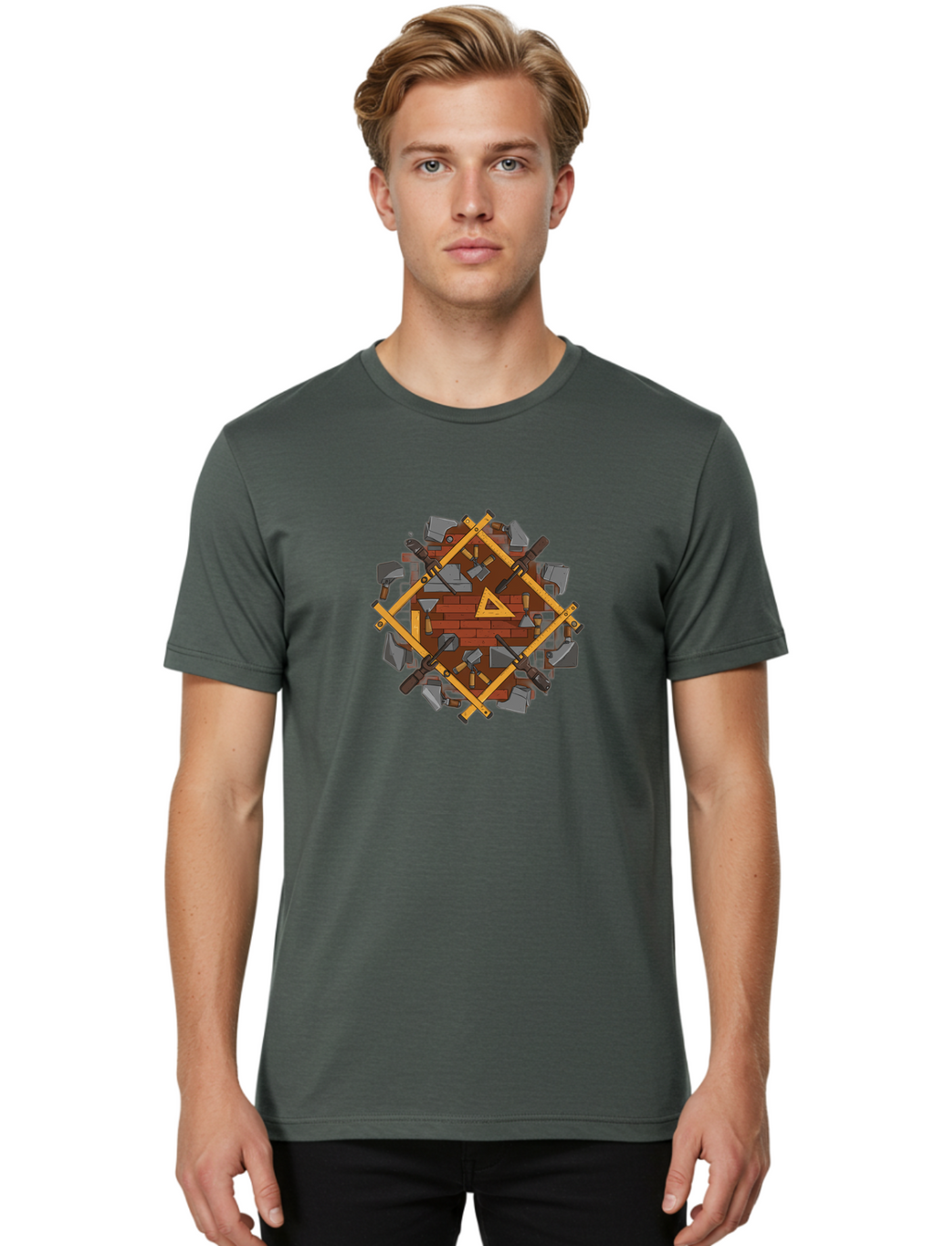 Tools-Triangle Men'S Graphic Tee, 100% Cotton, Comfortable Casual Summer Wear, Machine Washable, Hammering Tools, Building Materials, Construction Theme, Brick Pattern, Wooden Frames, Masonry Work, Construction Equipment, Building Blocks, Bad852