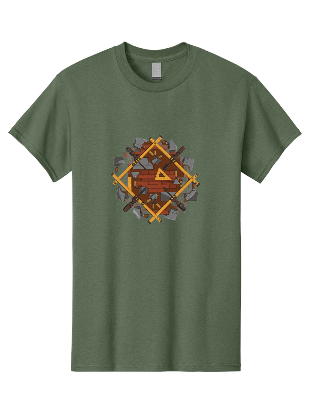 Tools-Triangle Men'S Graphic Tee, 100% Cotton, Comfortable Casual Summer Wear, Machine Washable, Hammering Tools, Building Materials, Construction Theme, Brick Pattern, Wooden Frames, Masonry Work, Construction Equipment, Building Blocks, Bad852