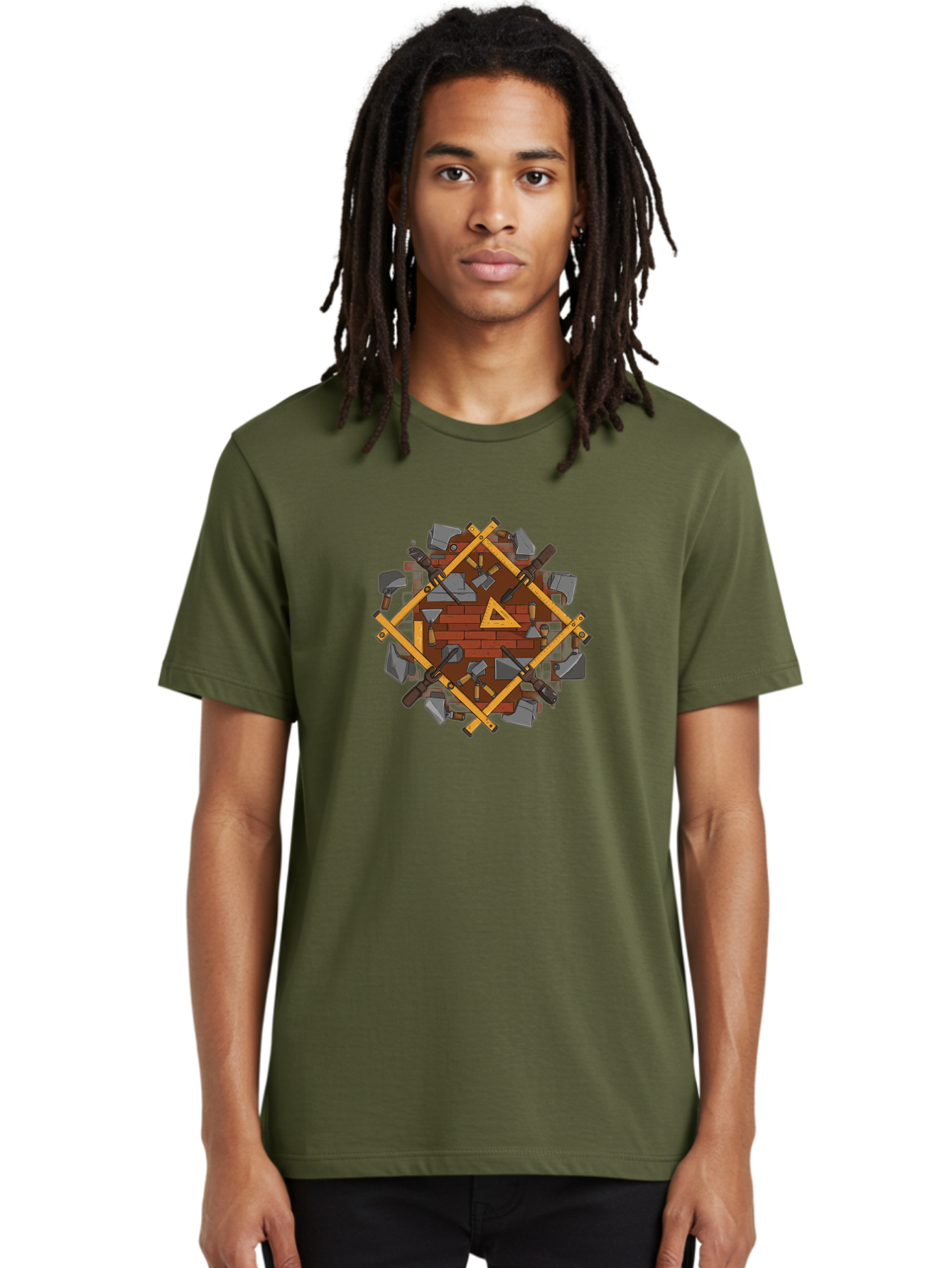 Tools-Triangle Men'S Graphic Tee, 100% Cotton, Comfortable Casual Summer Wear, Machine Washable, Hammering Tools, Building Materials, Construction Theme, Brick Pattern, Wooden Frames, Masonry Work, Construction Equipment, Building Blocks, Bad852