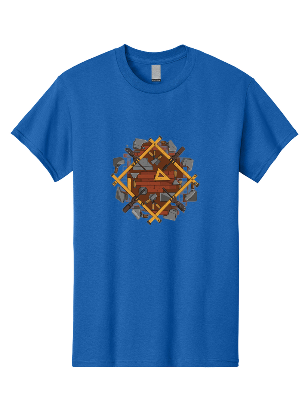 Tools-Triangle Men'S Graphic Tee, 100% Cotton, Comfortable Casual Summer Wear, Machine Washable, Hammering Tools, Building Materials, Construction Theme, Brick Pattern, Wooden Frames, Masonry Work, Construction Equipment, Building Blocks, Bad852