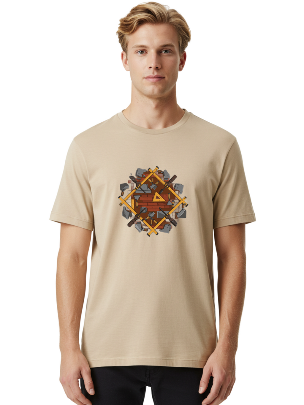 Tools-Triangle Men'S Graphic Tee, 100% Cotton, Comfortable Casual Summer Wear, Machine Washable, Hammering Tools, Building Materials, Construction Theme, Brick Pattern, Wooden Frames, Masonry Work, Construction Equipment, Building Blocks, Bad852