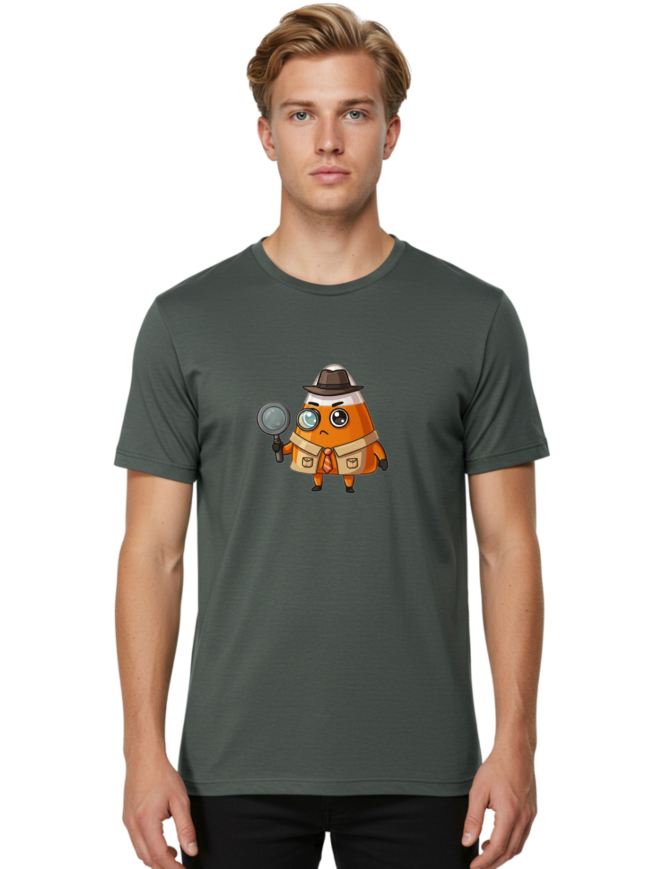 Traffic-Cone-Detective Men'S Graphic Tee, 100% Cotton, Comfortable Casual Summer Wear, Machine Washable, Detective Cone, Cartoon Character, Magnifying Glass, Trench Coat, Fedora Hat, Detective Clothing, Crime Scene Investigation, Bad855
