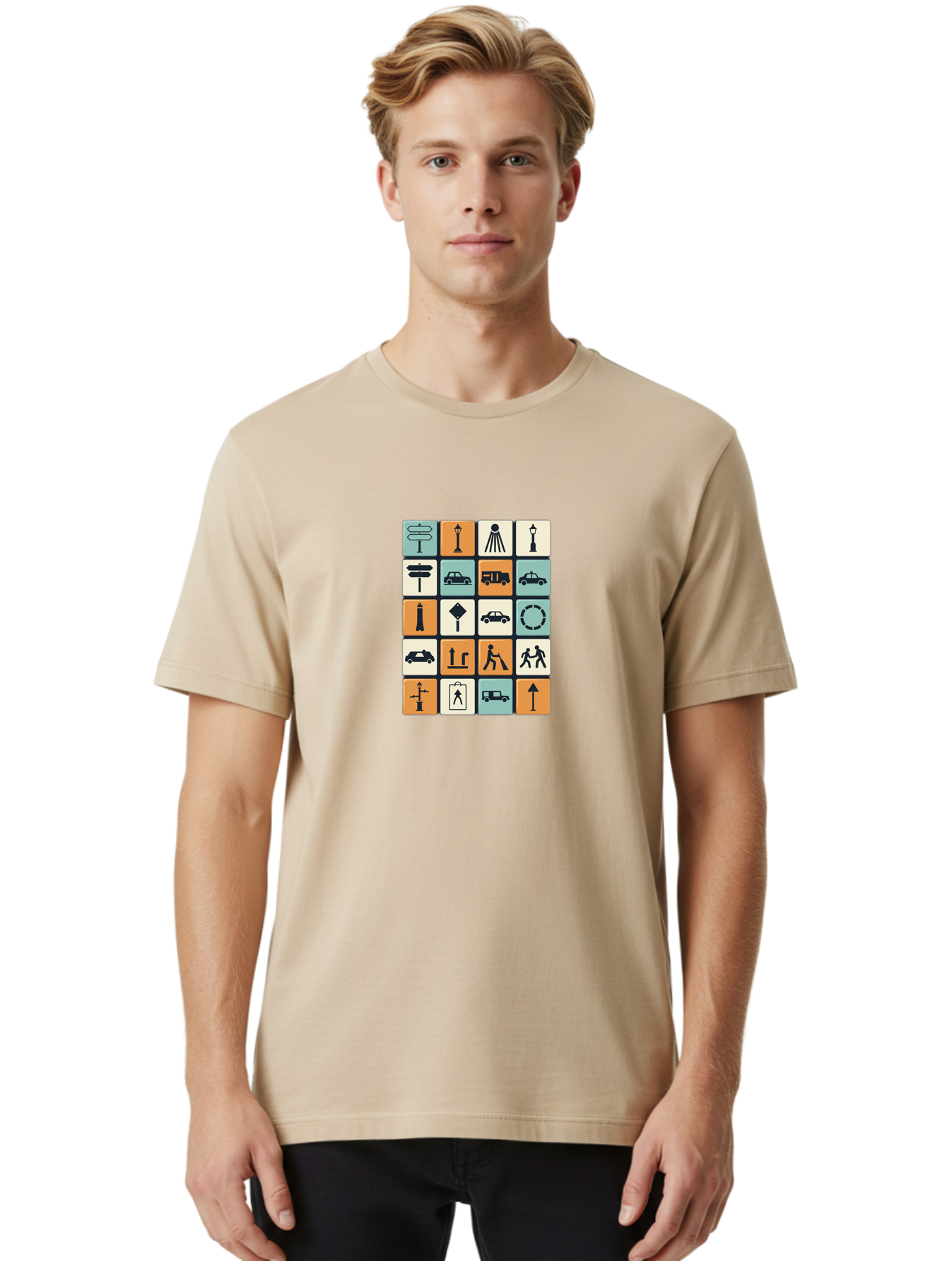 Traffic-Signs Men'S Graphic Tee, 100% Cotton, Comfortable Casual Summer Wear, Machine Washable, Traffic Signs, Road Signs, Direction Signs, Traffic Icons, Street Signs, Navigation Symbols, Transportation Graphics, Urban Planning, Road Safety, Bad856