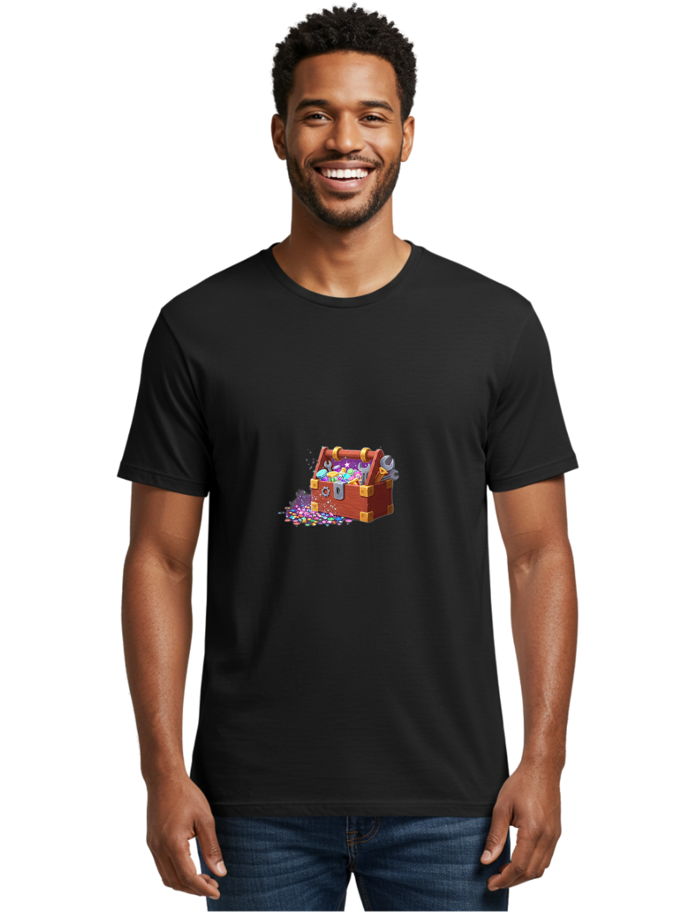Treasure-Box Men'S Graphic Tee, 100% Cotton, Comfortable Casual Summer Wear, Machine Washable, Wood Treasure Chest, Colorful Jewels, Gemstones, Treasure, Loot, Gaming Treasure, Gaming Rewards, Loot Box, Puzzle Pieces, Shiny Objects, Bad858