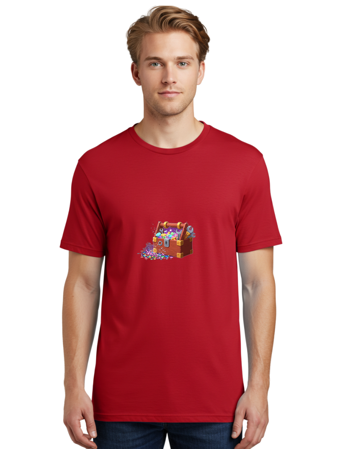 Treasure-Box Men'S Graphic Tee, 100% Cotton, Comfortable Casual Summer Wear, Machine Washable, Wood Treasure Chest, Colorful Jewels, Gemstones, Treasure, Loot, Gaming Treasure, Gaming Rewards, Loot Box, Puzzle Pieces, Shiny Objects, Bad858
