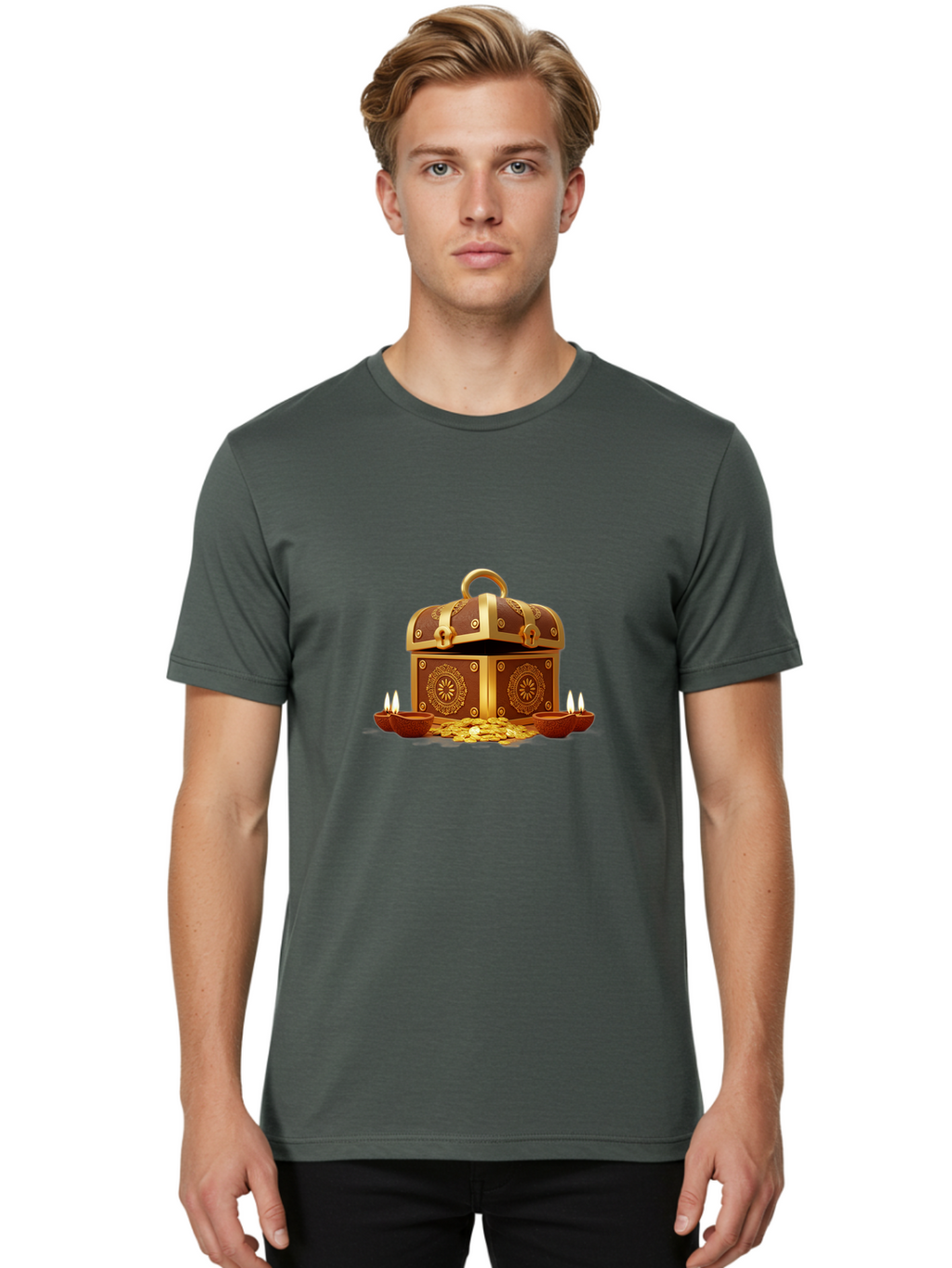 Treasure-Chest Men'S Graphic Tee, 100% Cotton, Comfortable Casual Summer Wear, Machine Washable, Treasure Chest, Gold Coins, Diyas, Lit Candles, Prosperity, Wealth, Traditional Decor, Festive Atmosphere, Indian Culture, Ornate Design Bad859